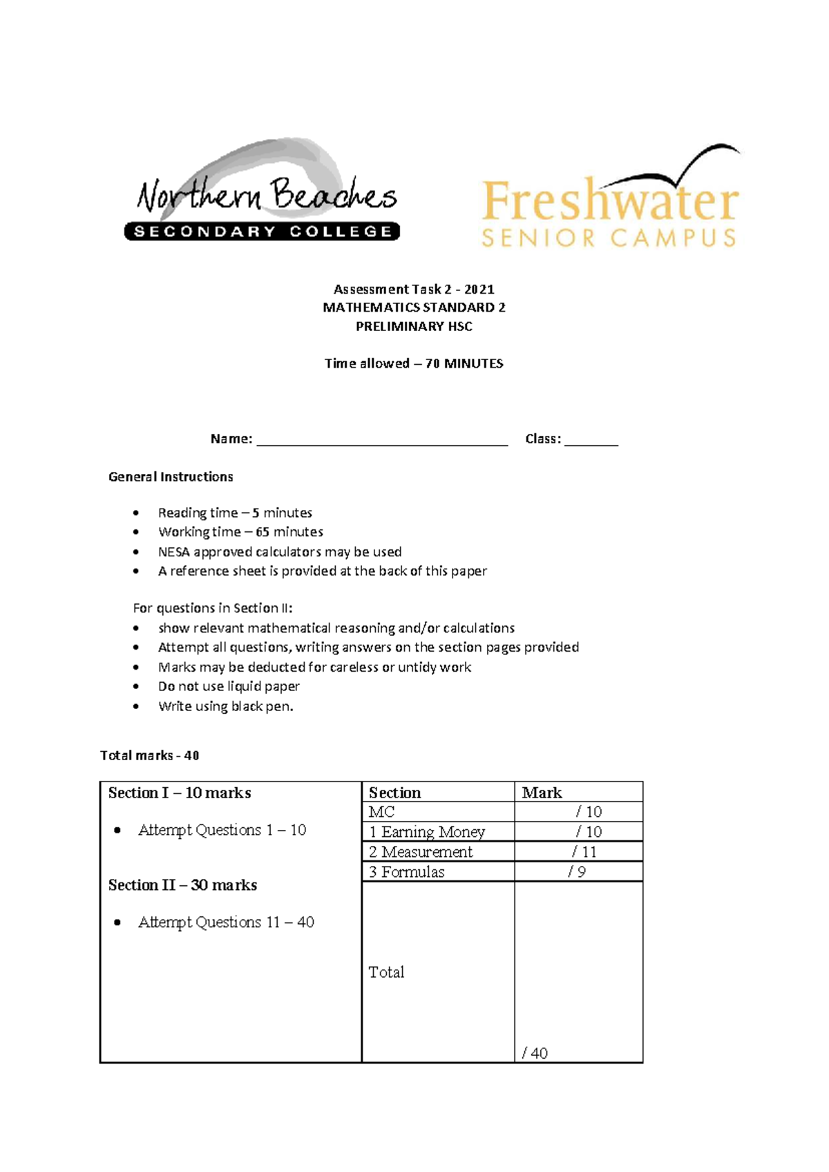 2021 MATHEMATICS STANDARD 2 PRELIMINARY HSC Assessment Task 2 - Studocu