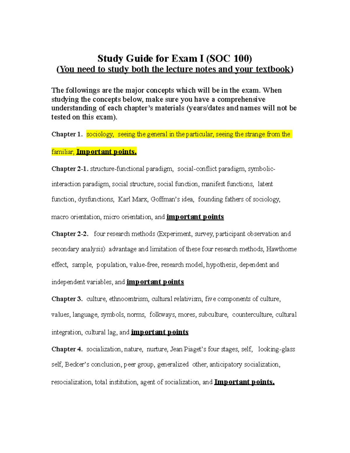 SOC 100 Study Guide for Exam I: Key Concepts from Chapters 1-4 - Studocu