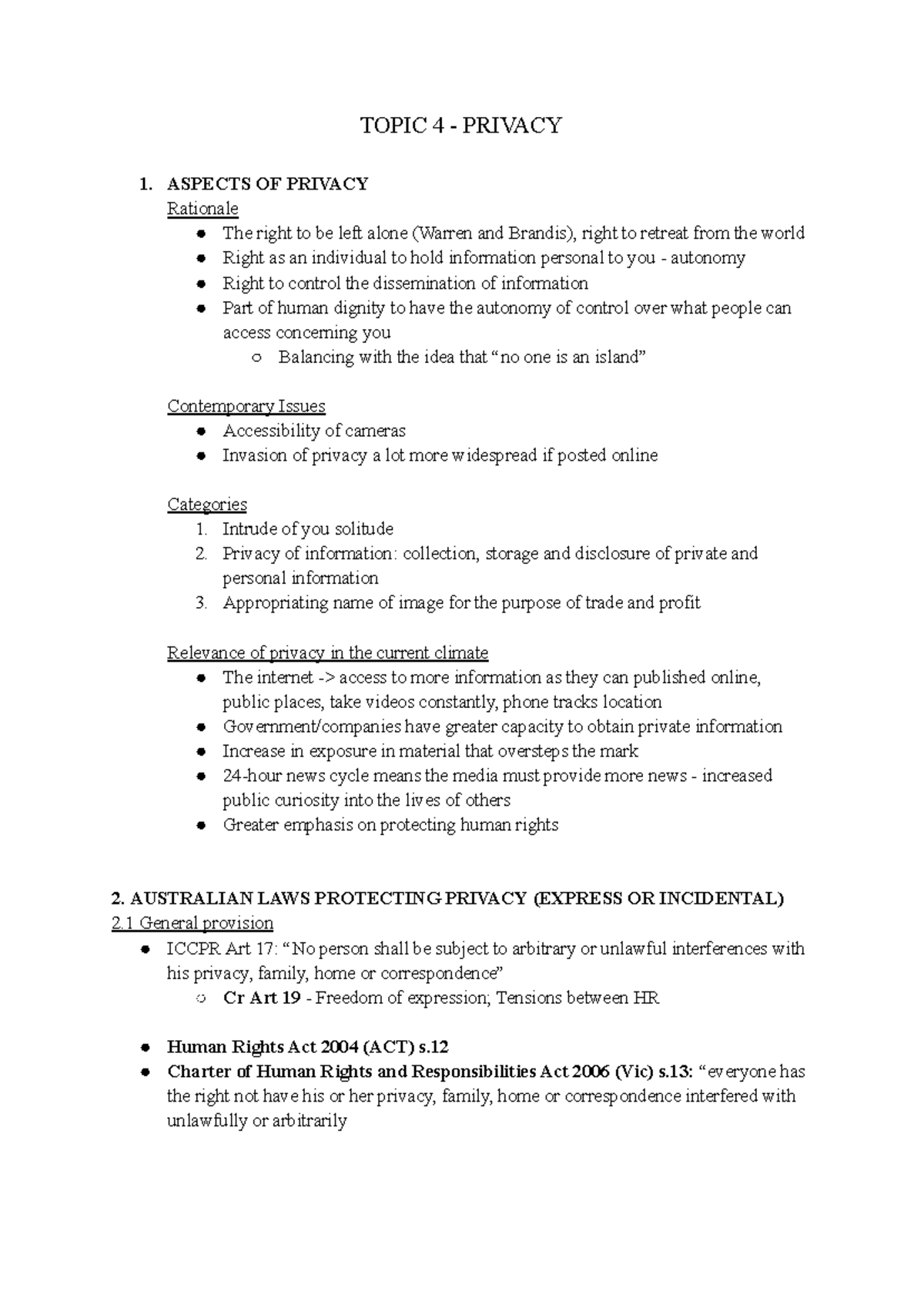 [ LAW4140 ] Week 4 Notes: Exploring Aspects of Privacy and Legal ...