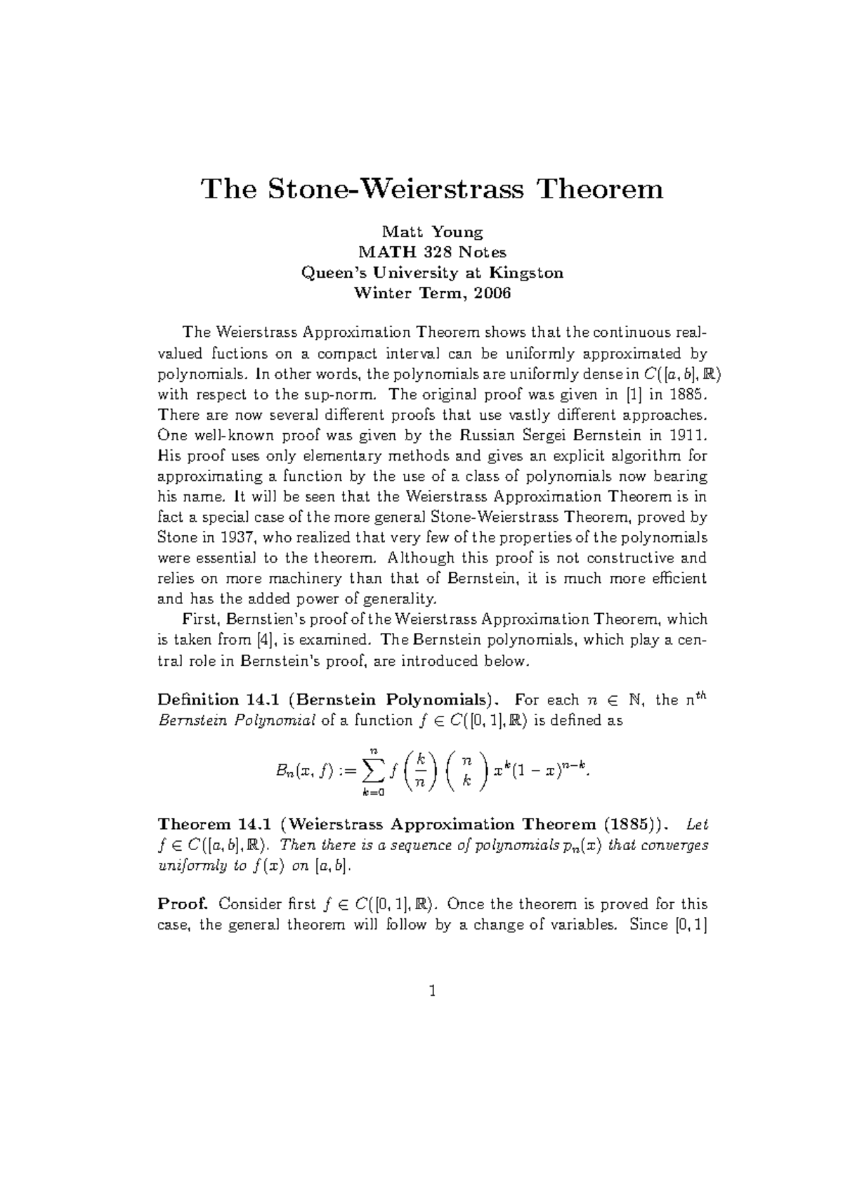 Section 14 - IDGF - The Stone-Weierstrass Theorem Matt Young MATH 328 ...