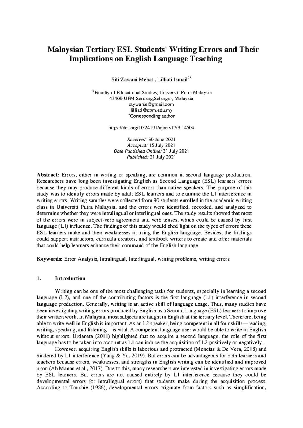 Analyzing Writing Errors: Implications for ESL Teaching in Malaysia ...