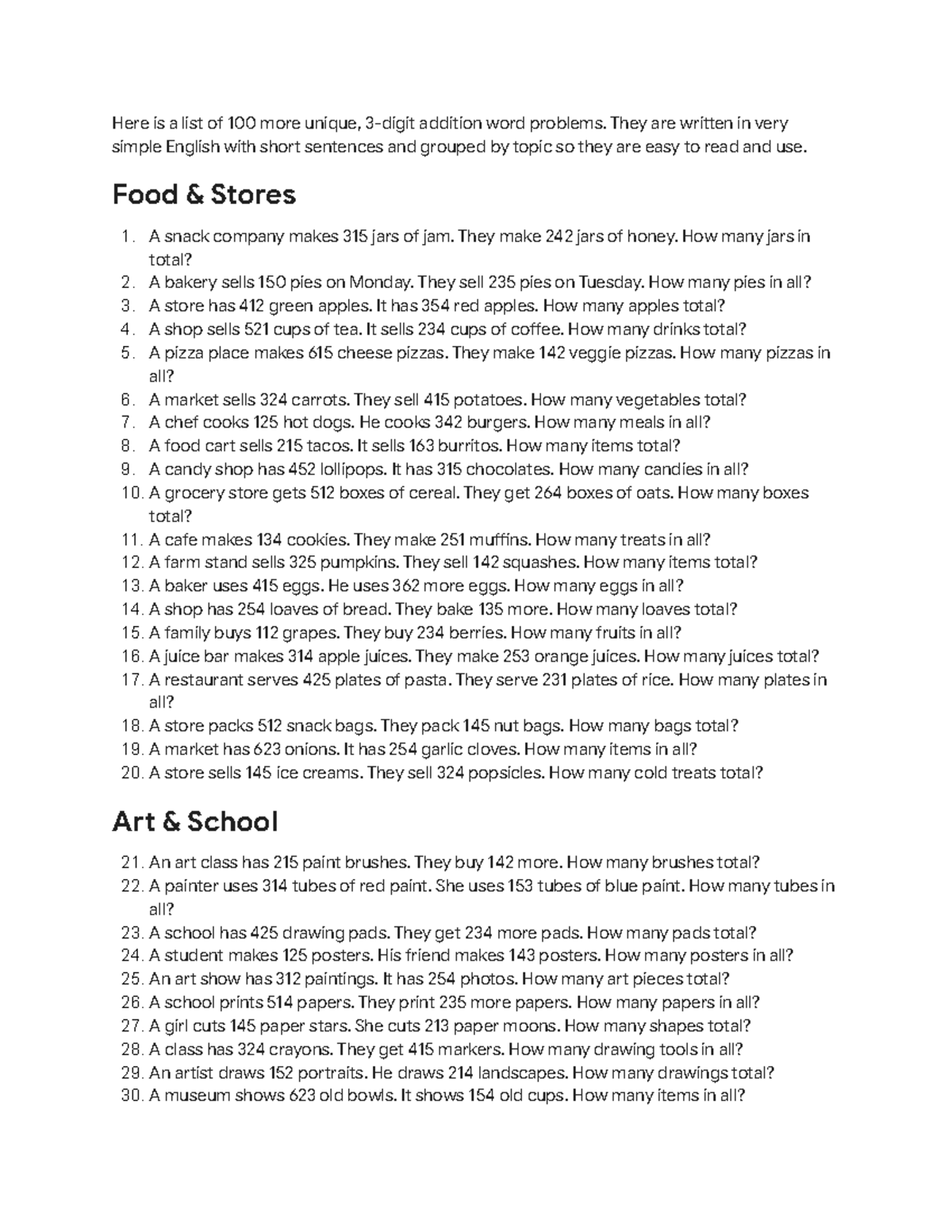 100 Unique Addition Word Problems for Practice - Studocu