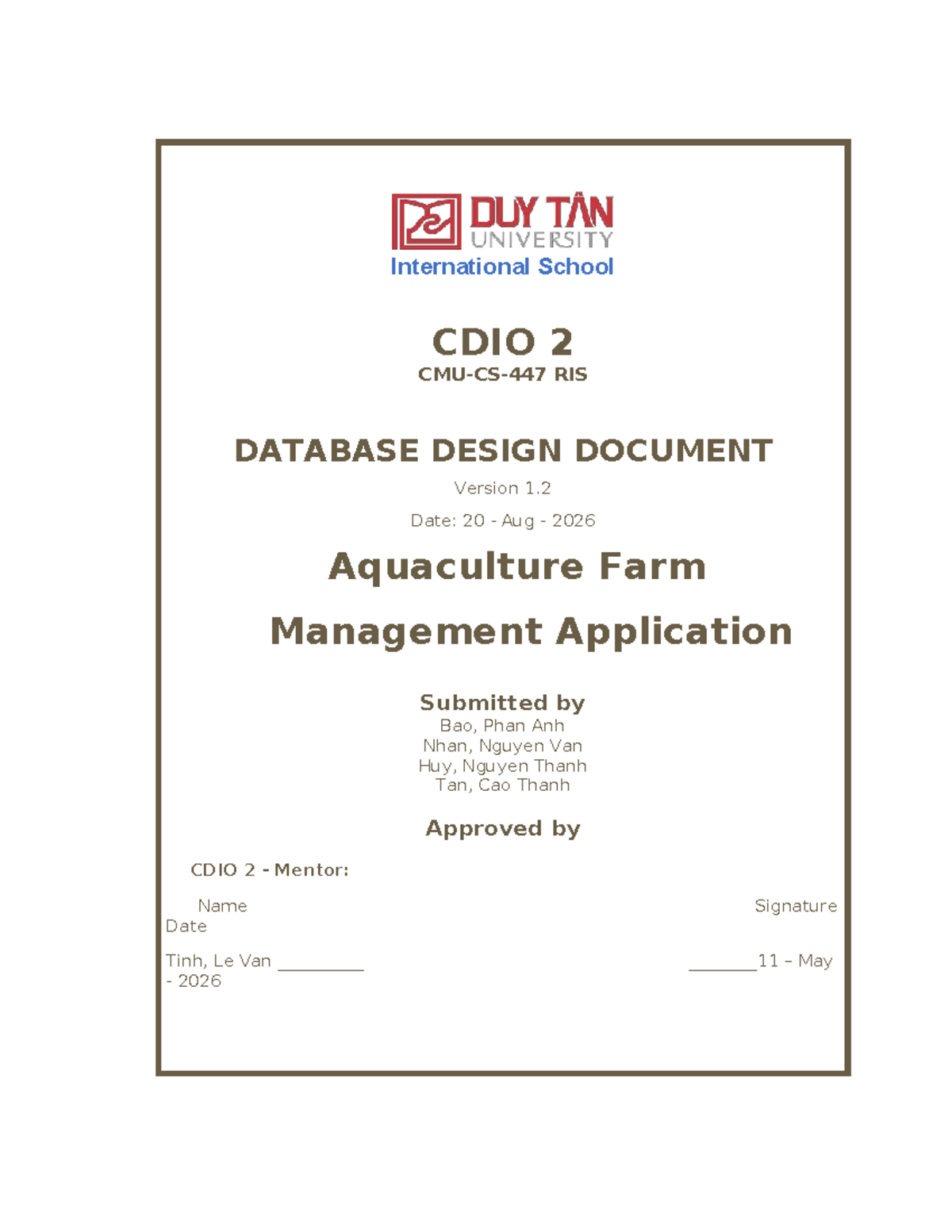 CDIO 2 Capstone Database Design Document for AFMA v1.2 - Studocu