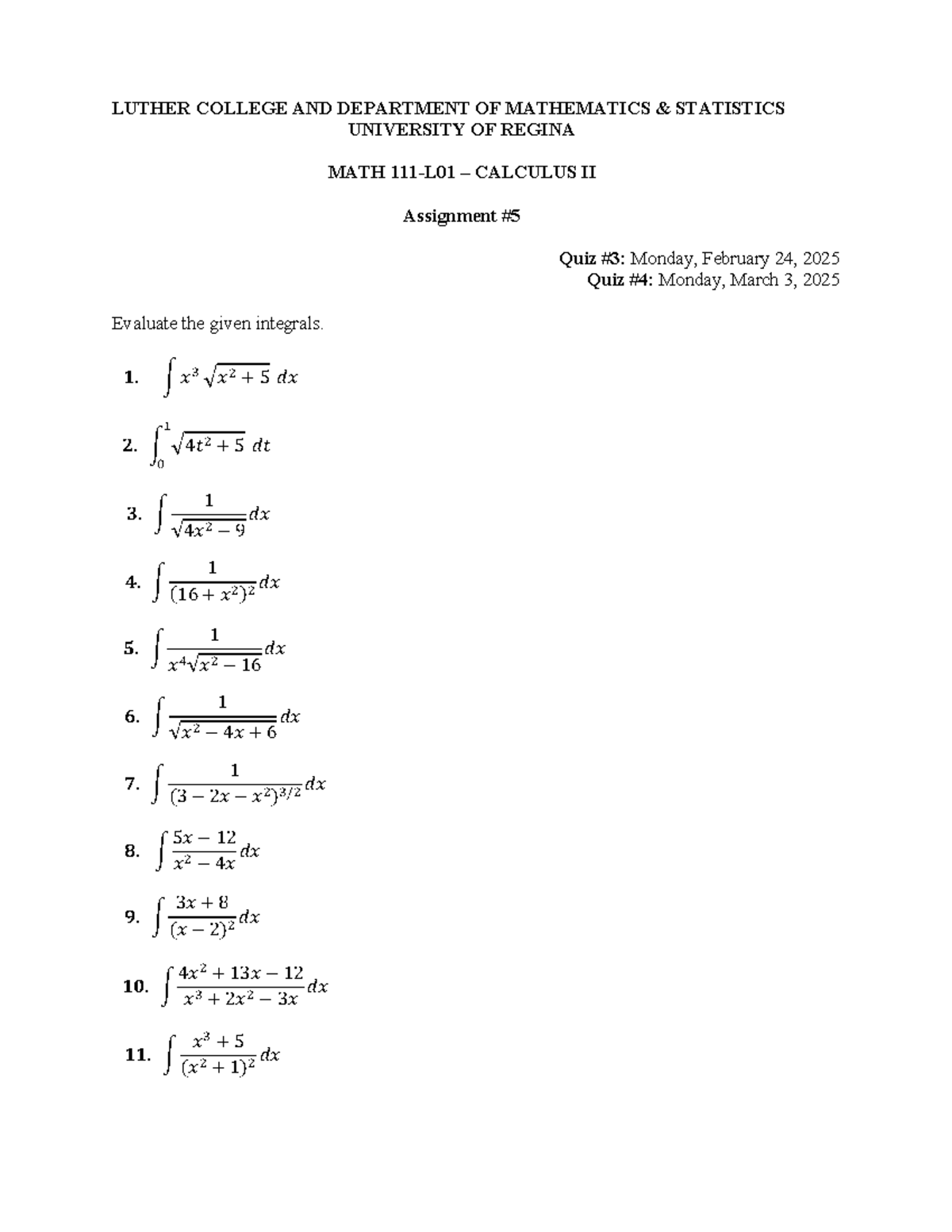 Assignment 5 - Calculus II about Integration - LUTHER COLLEGE AND ...