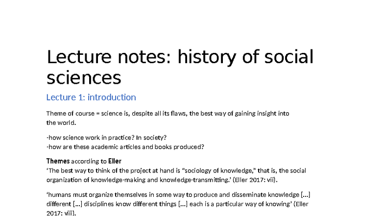 Lecture Notes: History of Social Sciences (HSS 101) - Introduction and ...