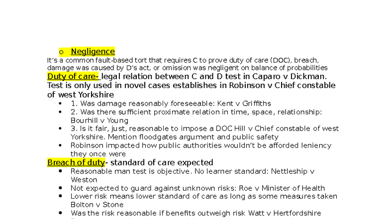 Negligence: A-Level OCR Tort Law AO1 Study Notes on Duty of Care ...