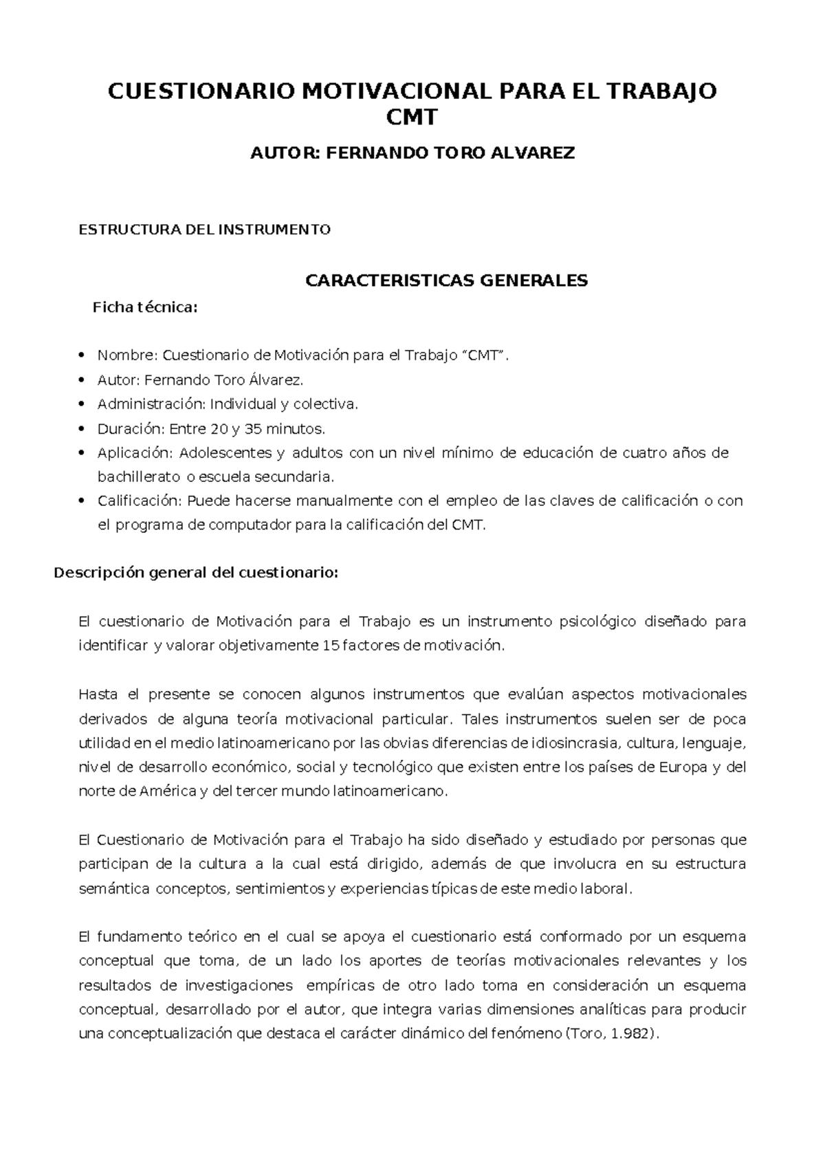 Cuestionario de Motivación para el Trabajo (CMT) - Manual de Uso - Studocu