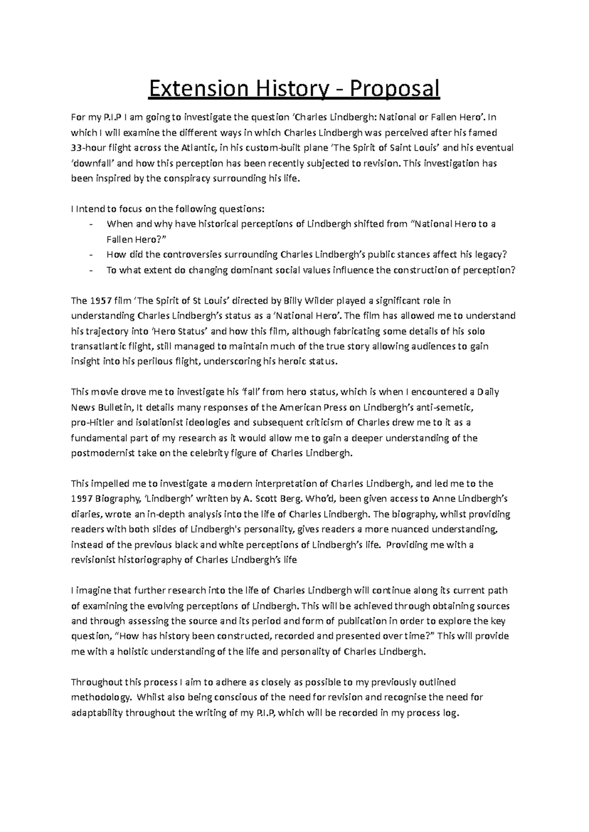 Extension History Proposal: Lindbergh's Legacy - Hero or Fallen? - Studocu