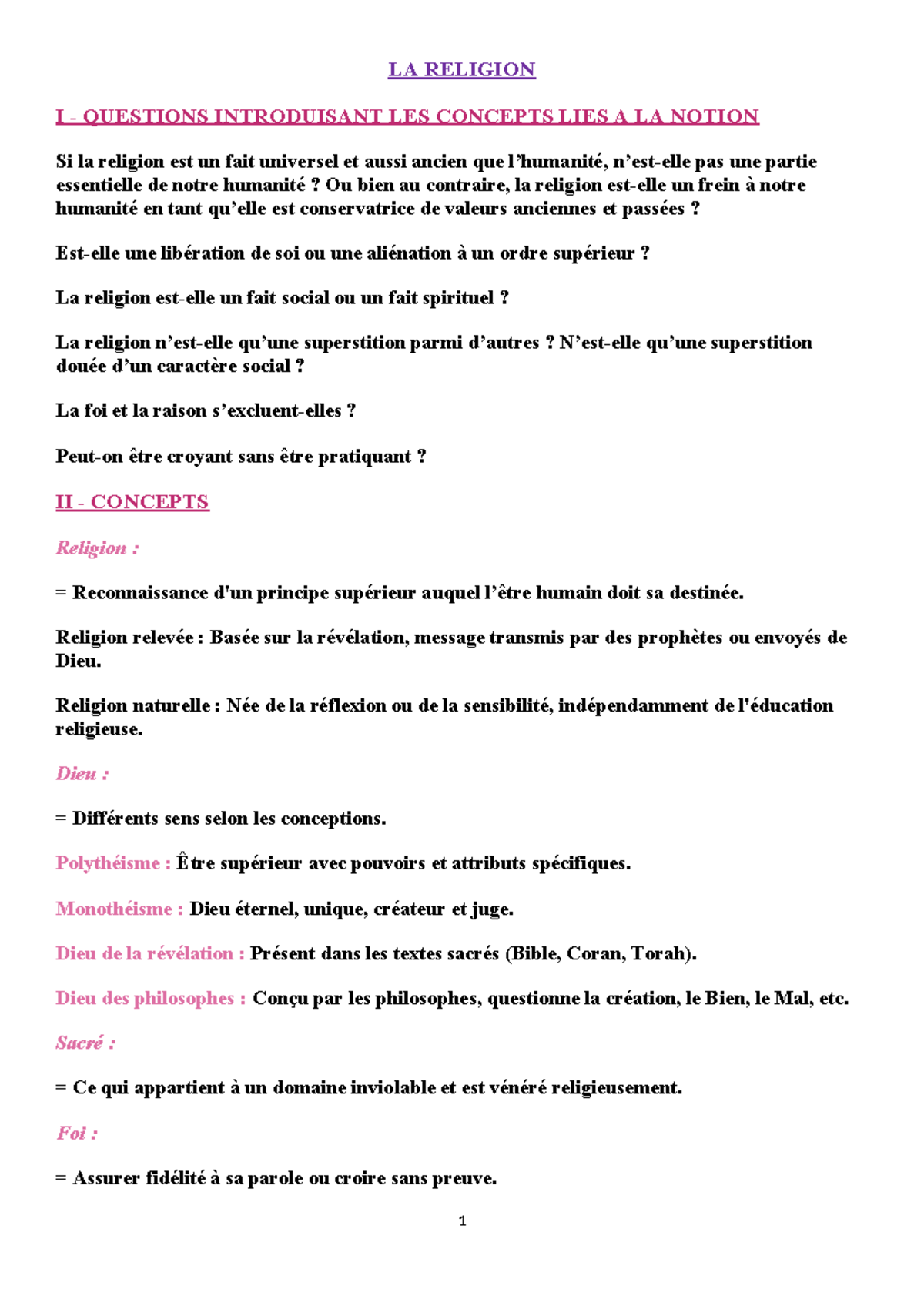 LA RELIGION I - Prise de Notes et Fiches de Révisions pour le BAC - Studocu