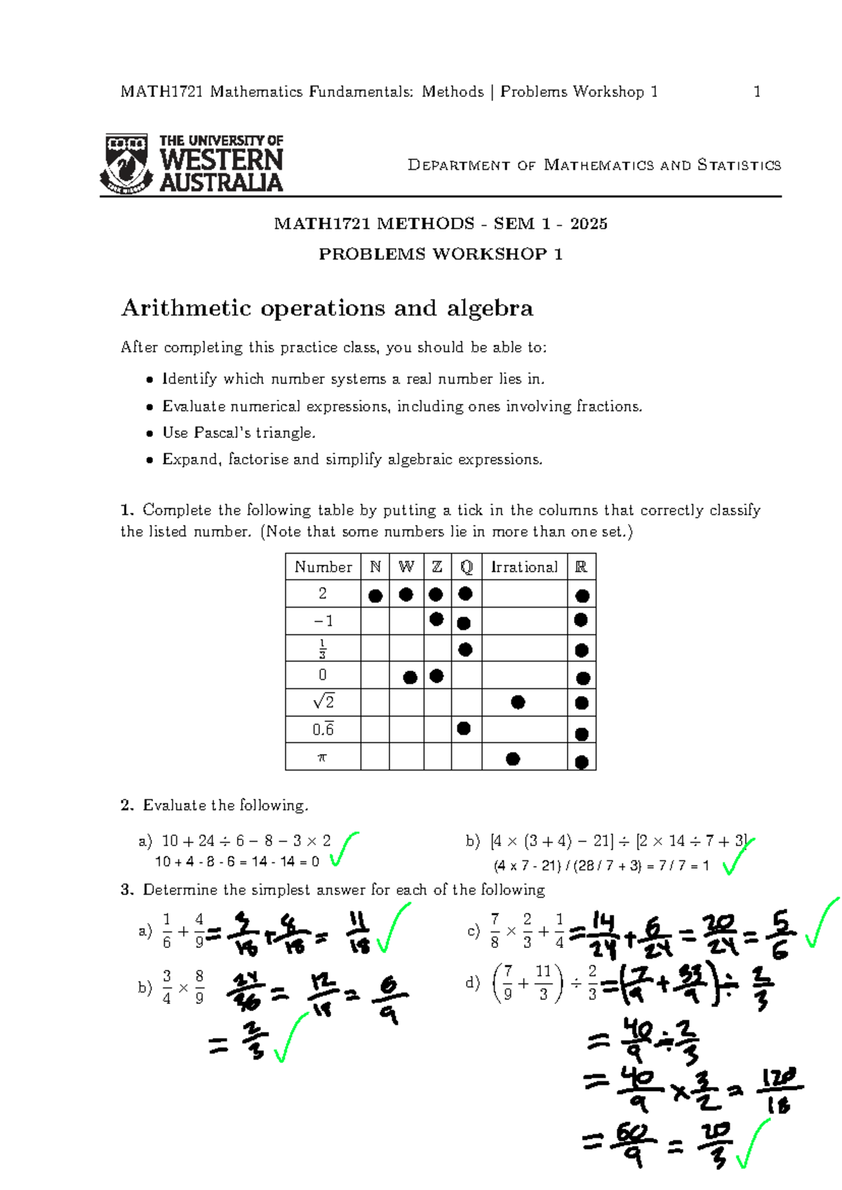 MATH1721 2025 Methods Problems Workshop 1: Arithmetic & Algebra - Studocu