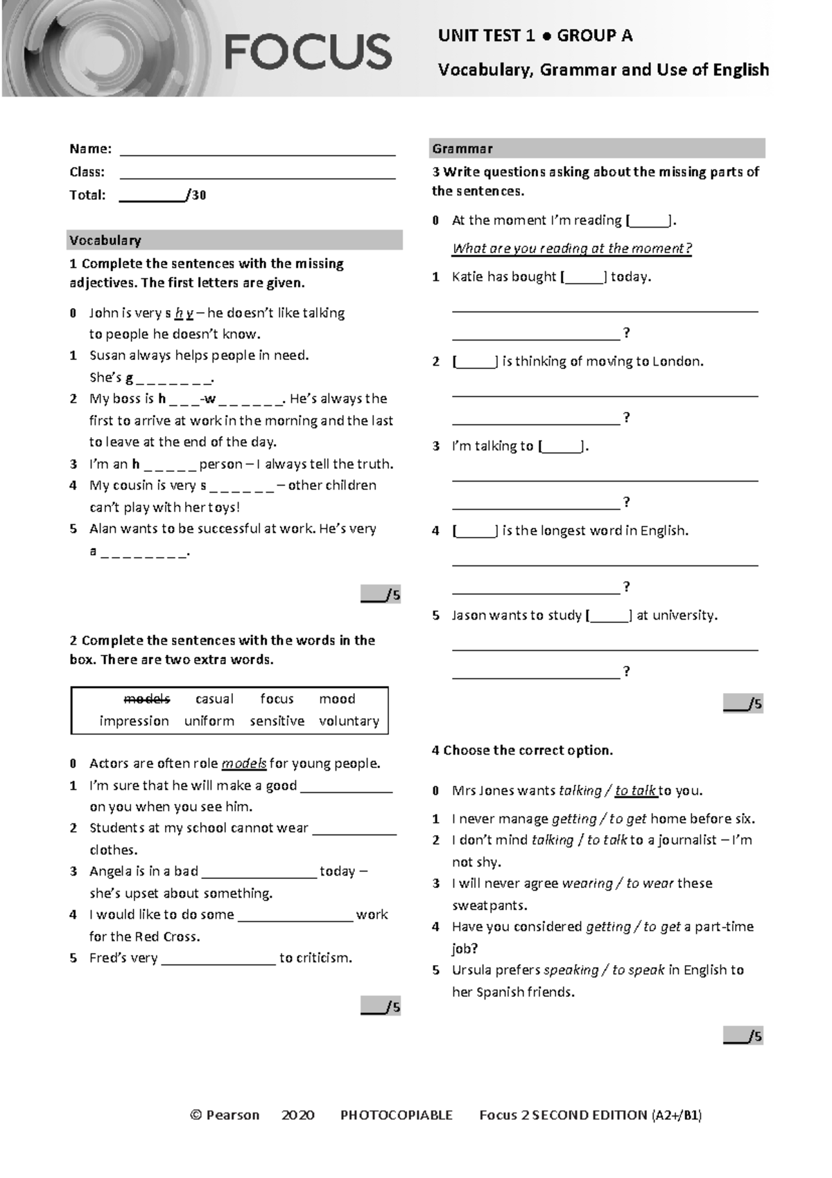 Focus 2 2E Unit Test 1 Group A: Vocabulary & Grammar - Studocu