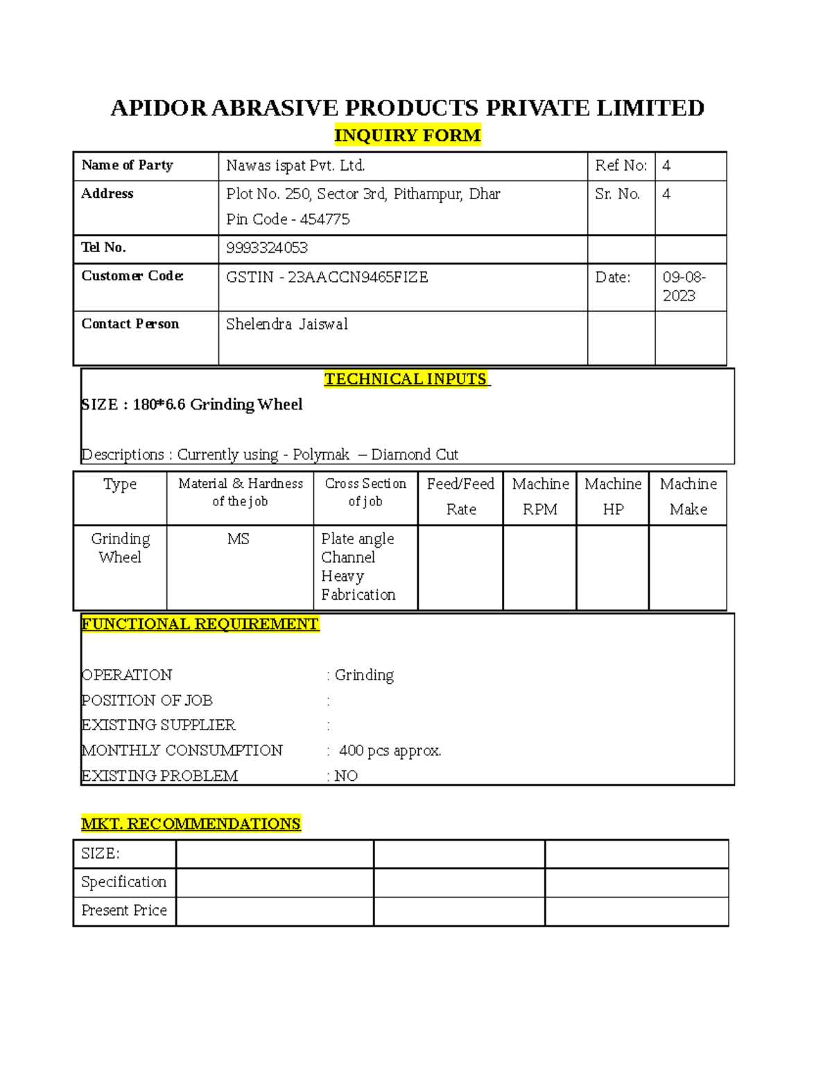 Inquiry Form - APIDOR Abrasive Products - CVMBJ,.K - Studocu