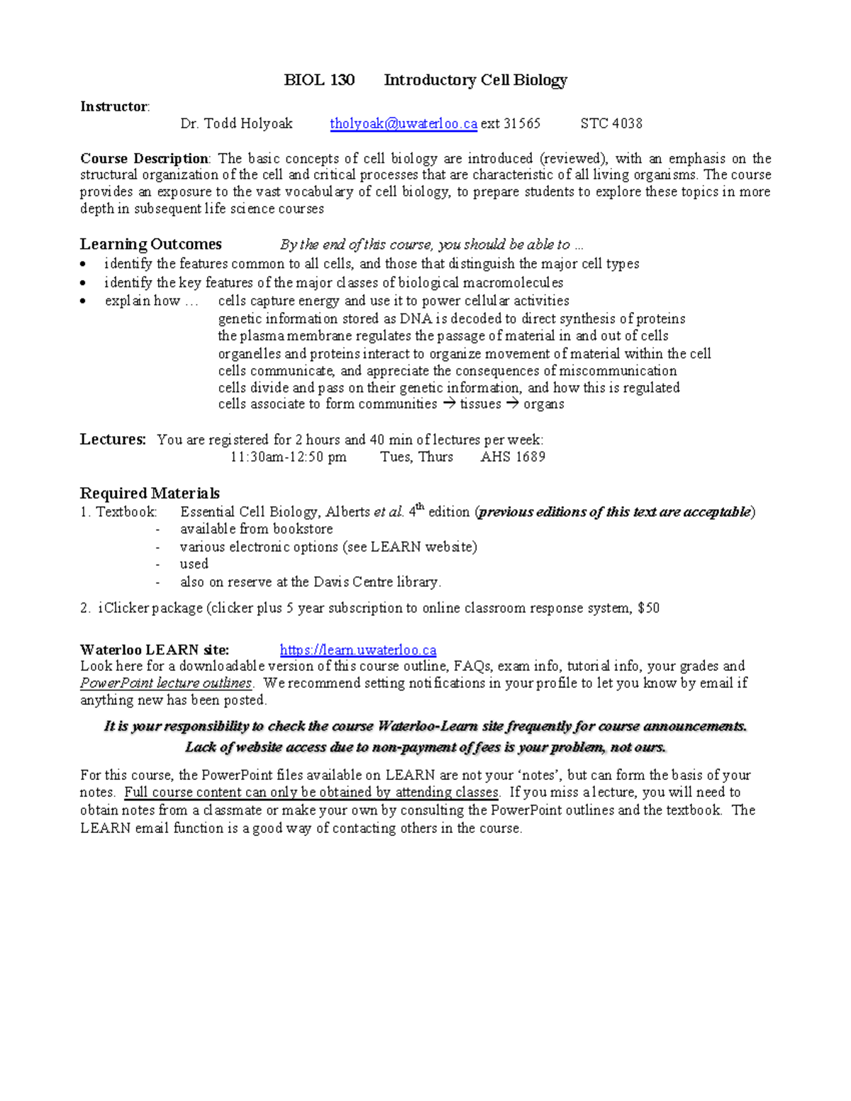 Biol 130 W2019 1 - outline for course, discription of tests etc - BIOL ...