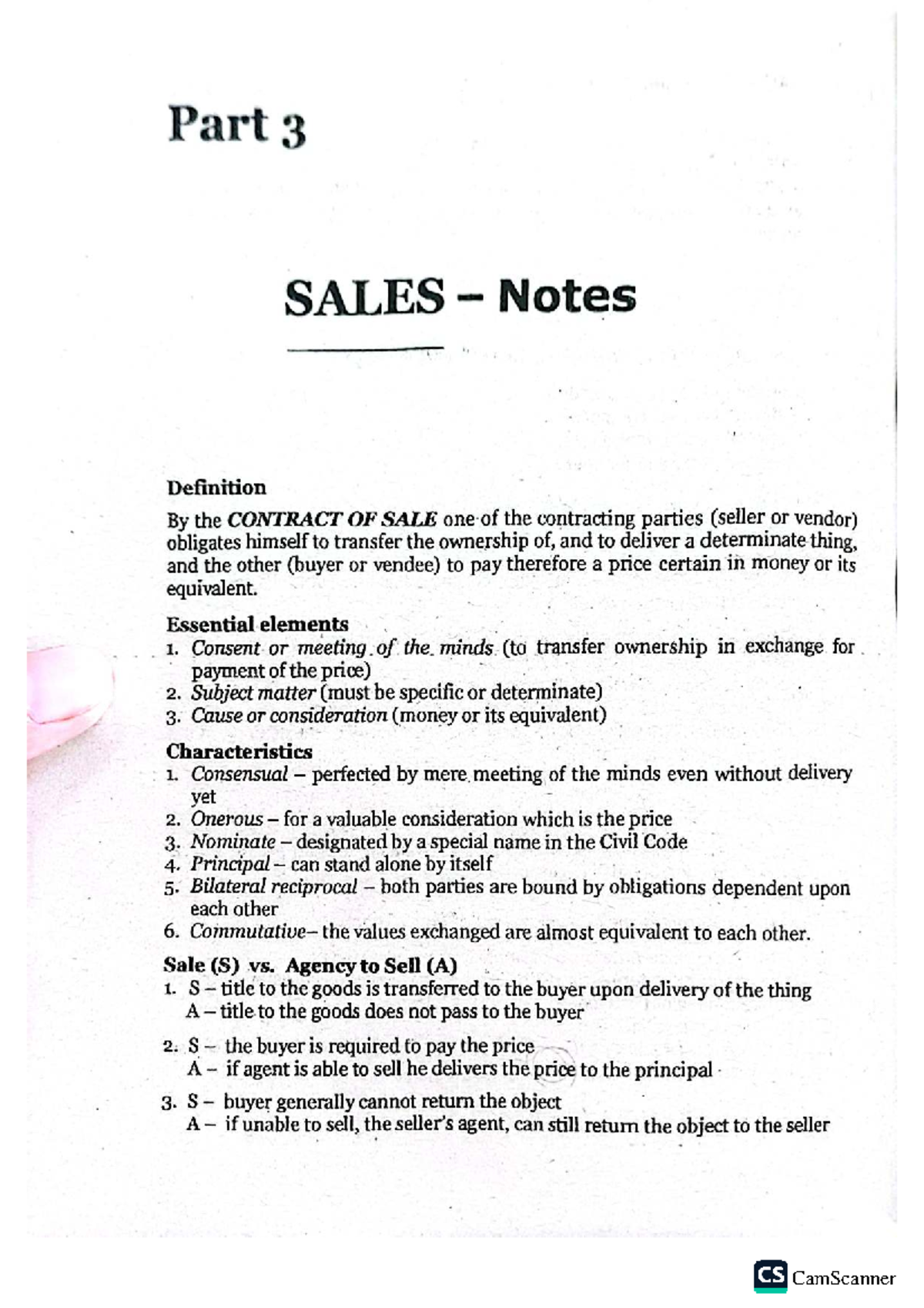 Sales Law 3: Comprehensive Notes on the Contract of Sale - Studocu