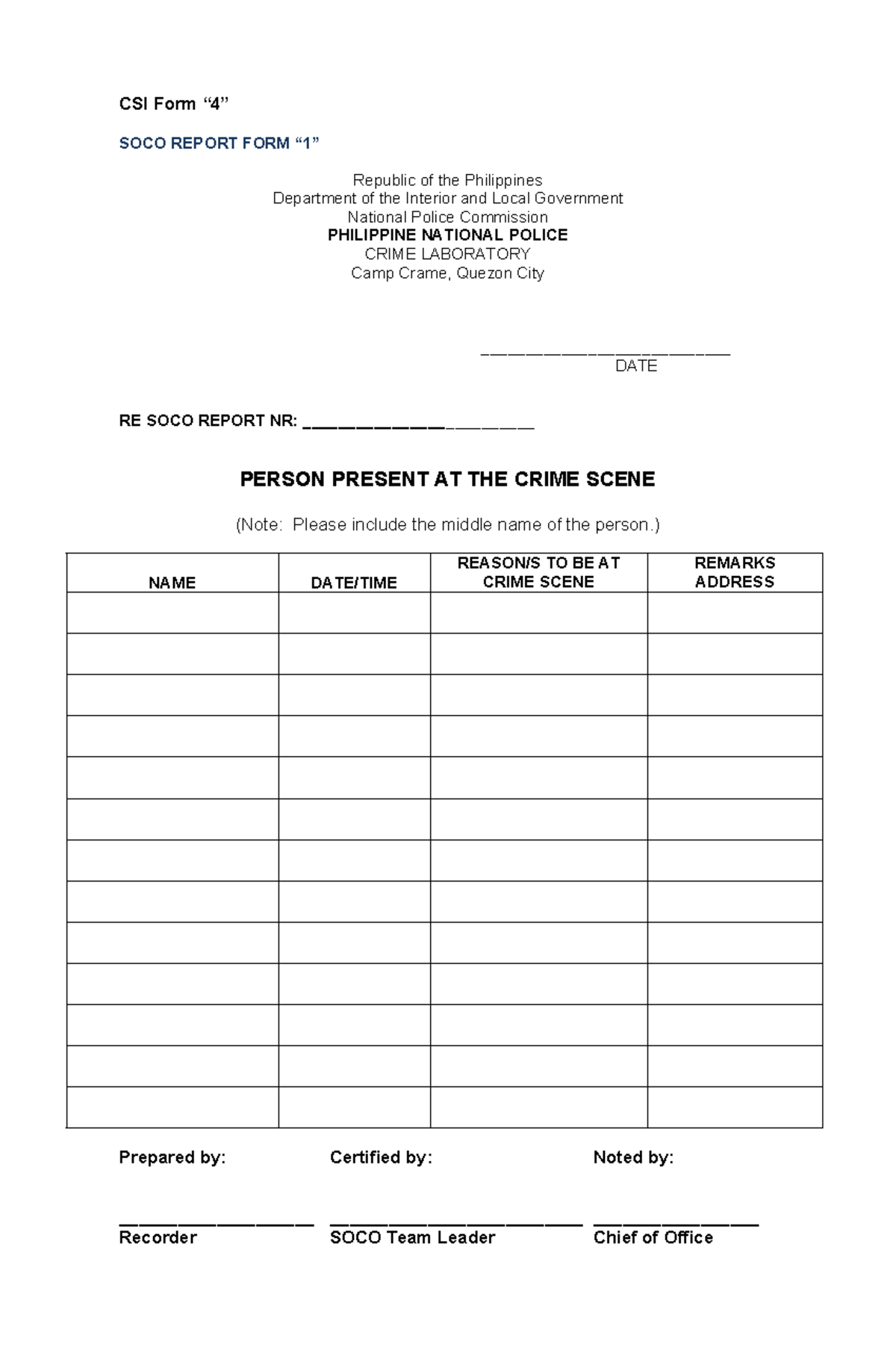CSI-Form 4: SOCO Report Template for Crime Scene Documentation - Studocu