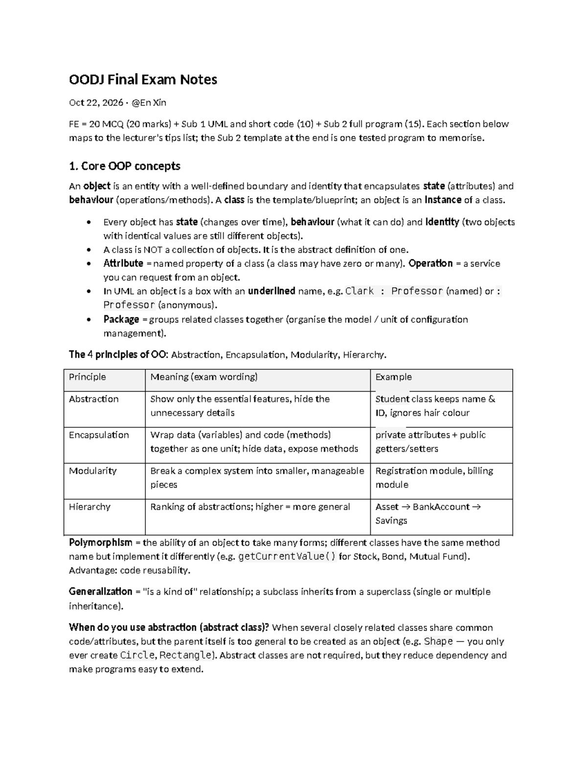 OODJ Final Exam Study Notes - Key Concepts & UML Diagrams - Studocu
