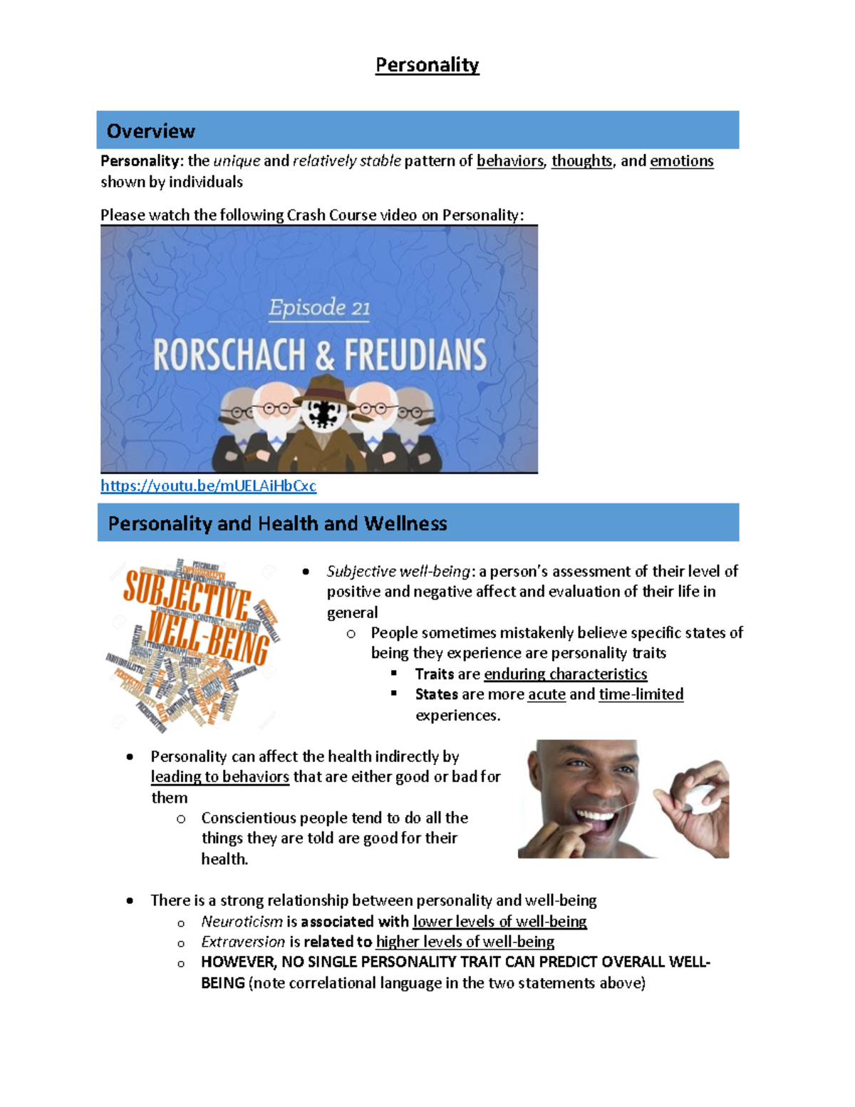 PSY101: Personality Handout - Final Exam Study Notes - Studocu