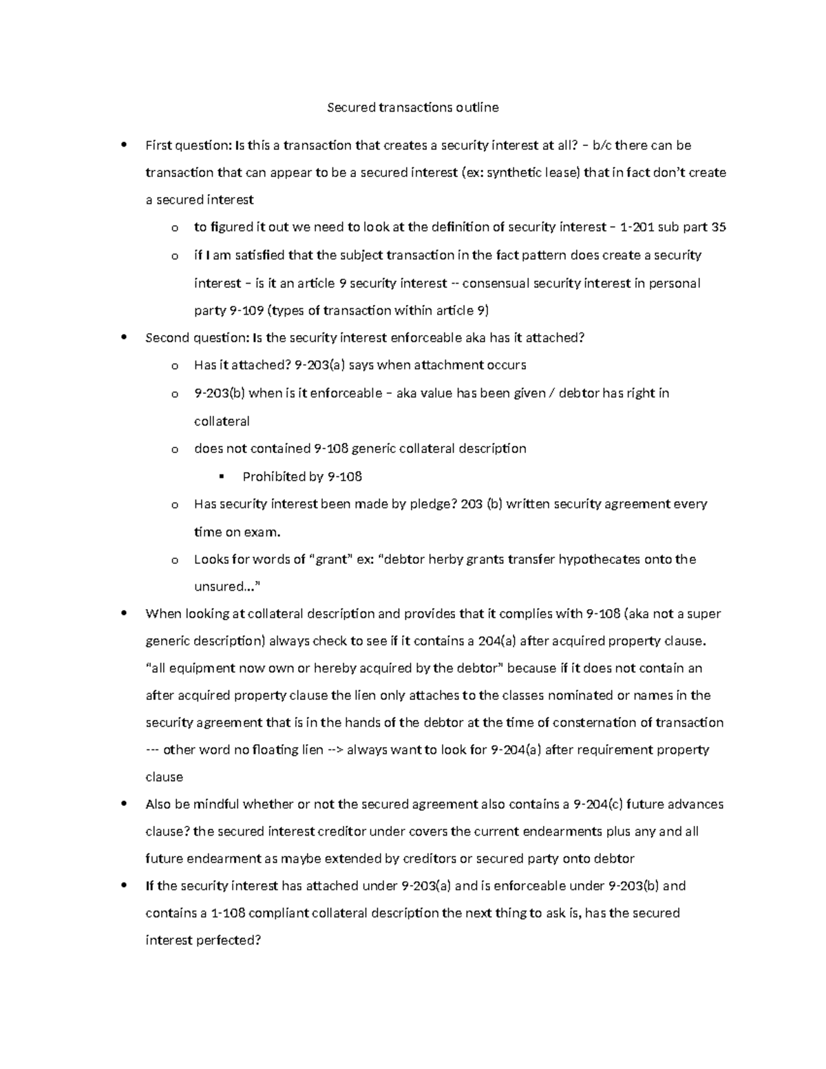 Secured Transactions Outline: Key Concepts & UCC Analysis (Summer 2021 ...