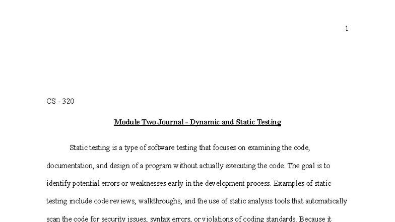 CS 320 Module 2 Journal: Dynamic vs Static Testing Explained - Studocu