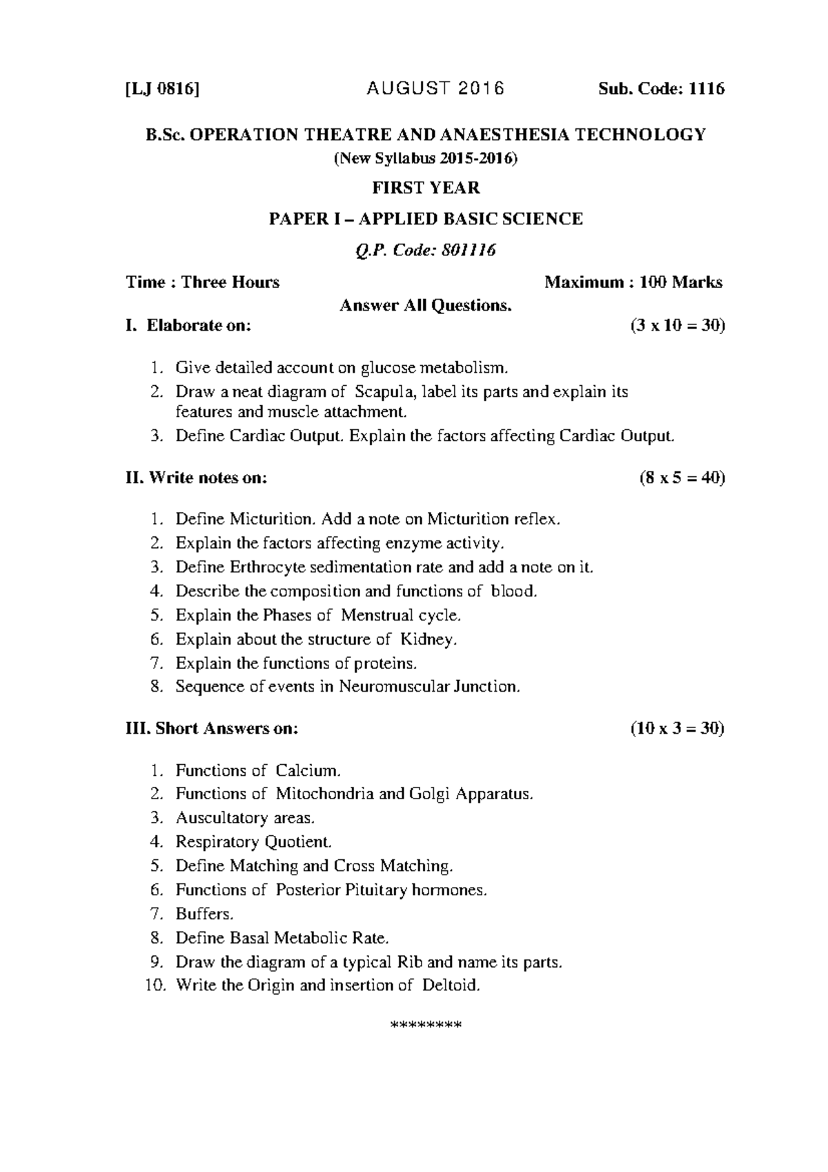 B.Sc. OT & Anaesthesia Tech - Previous Year QP (PAPER I, 1116) - Studocu