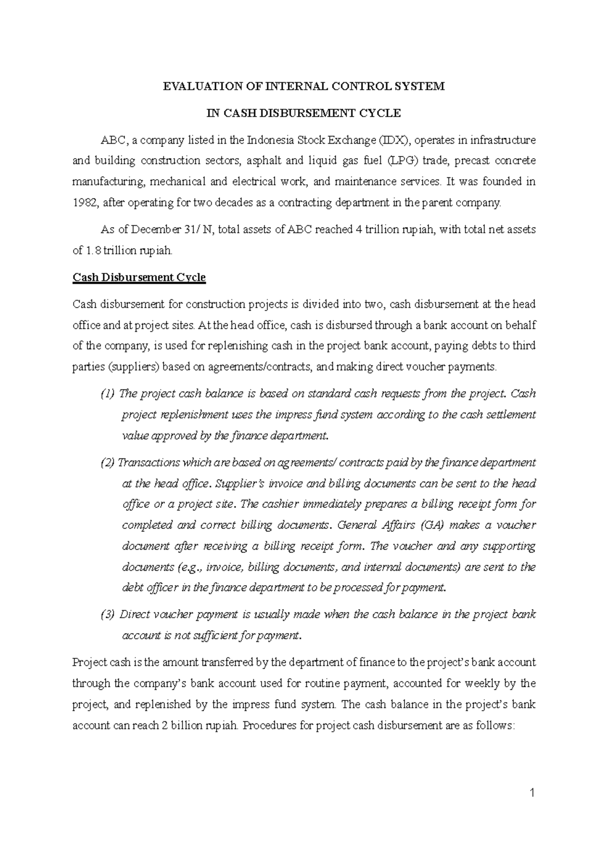 Evaluation of Internal Control System in Cash Disbursement Cycle - ABC ...