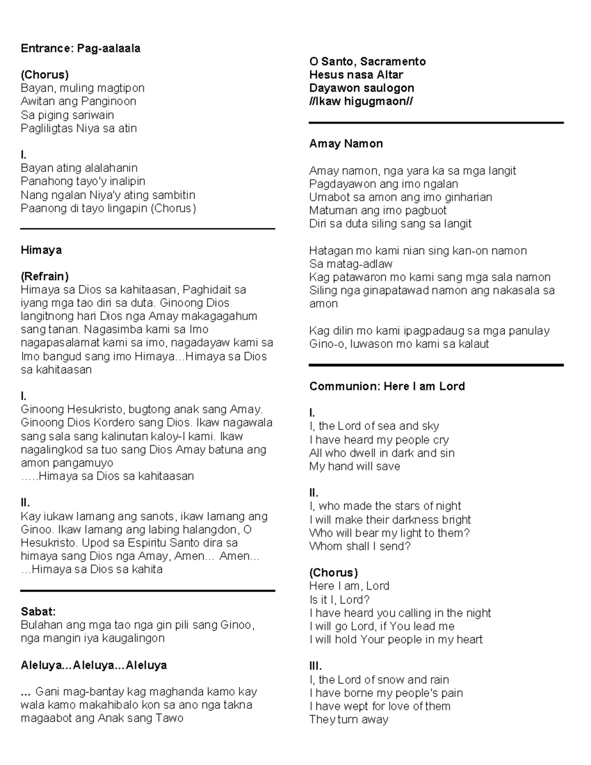Bible Service Line-up (Aug 10, 2025): Entrance & Communion Songs - Studocu
