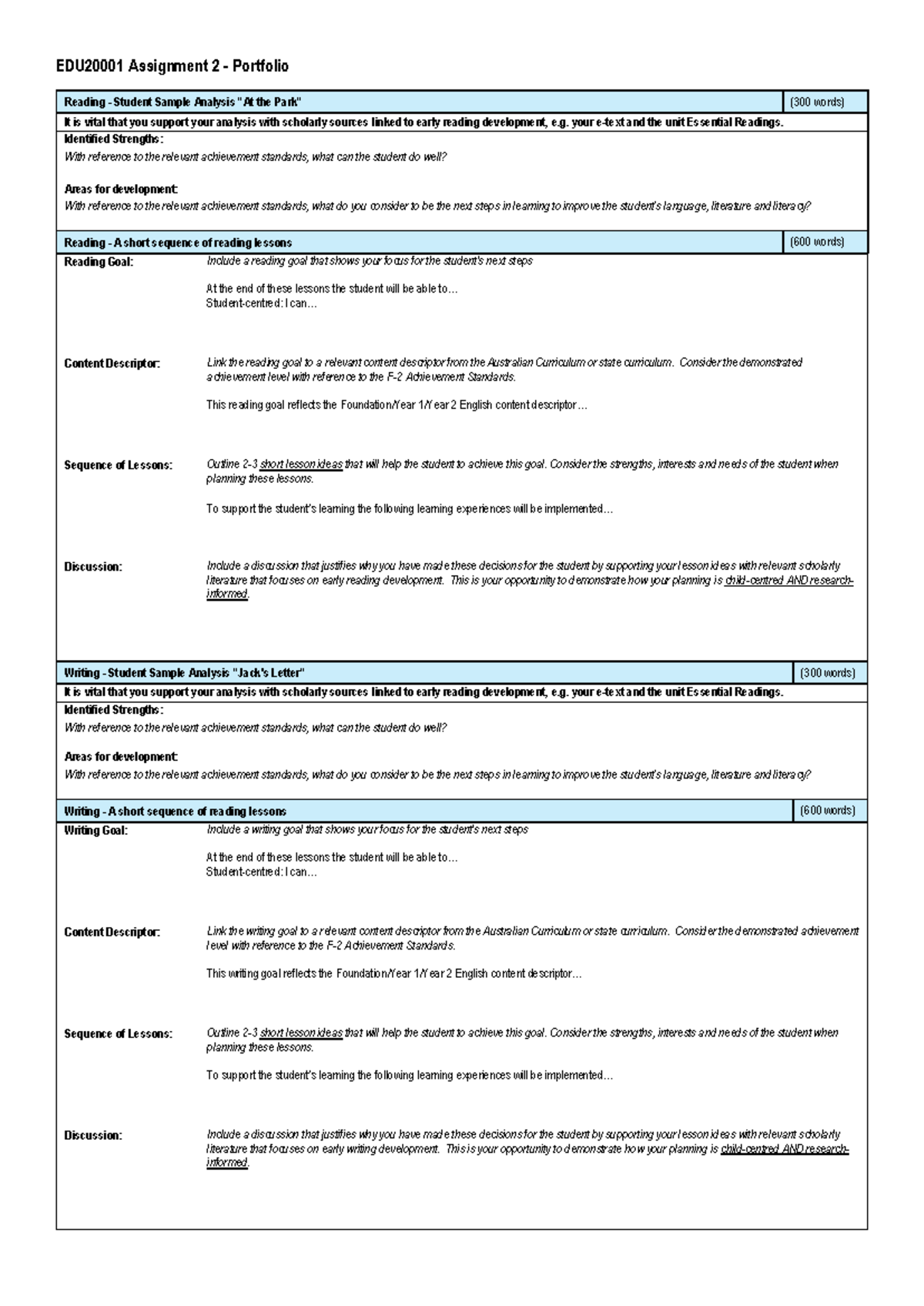 EDU20001 Assignment 2 - Portfolio on Early Reading & Writing ...