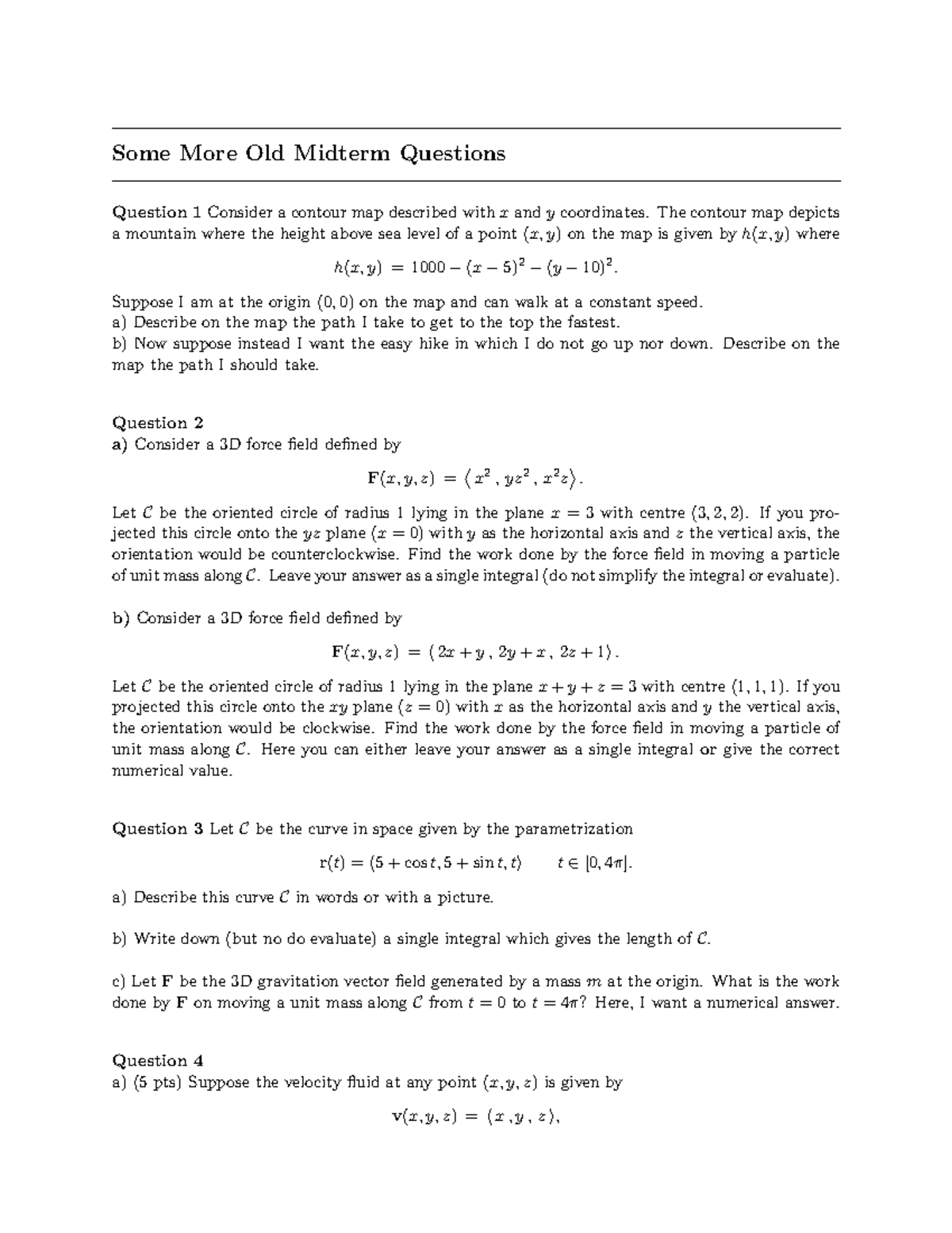 Old Midterm Questions for Math 101: Contour Maps & Force Fields - Studocu