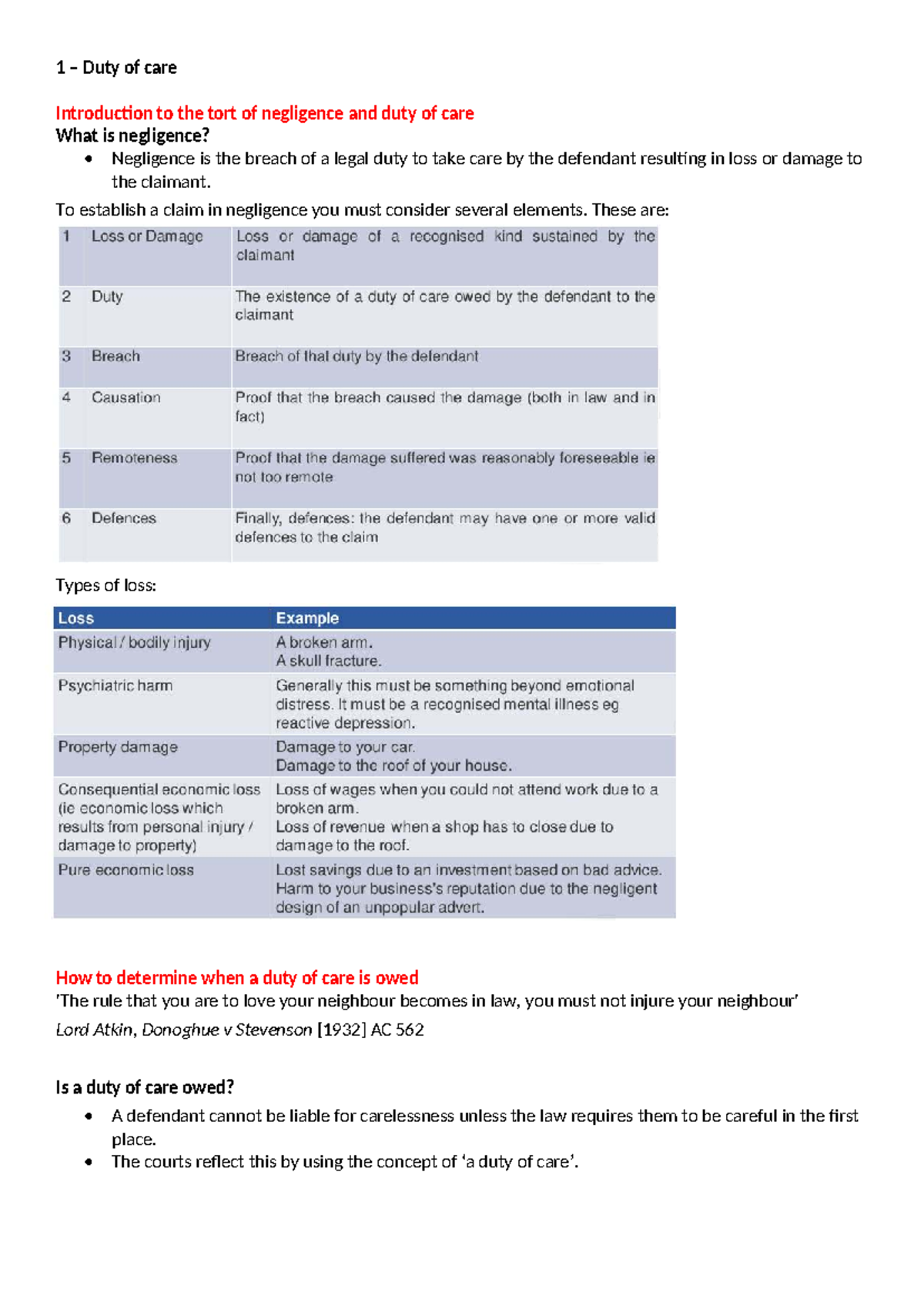 Duty of Care: Comprehensive Notes on Negligence Principles - Studocu