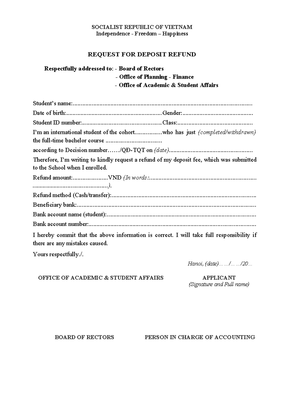 Application for Deposit Refund - International Student Request 2025 ...