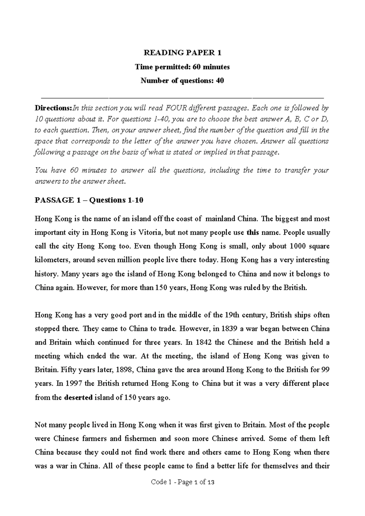 Reading Paper 1: Comprehension Questions and Passages Analysis - Studocu