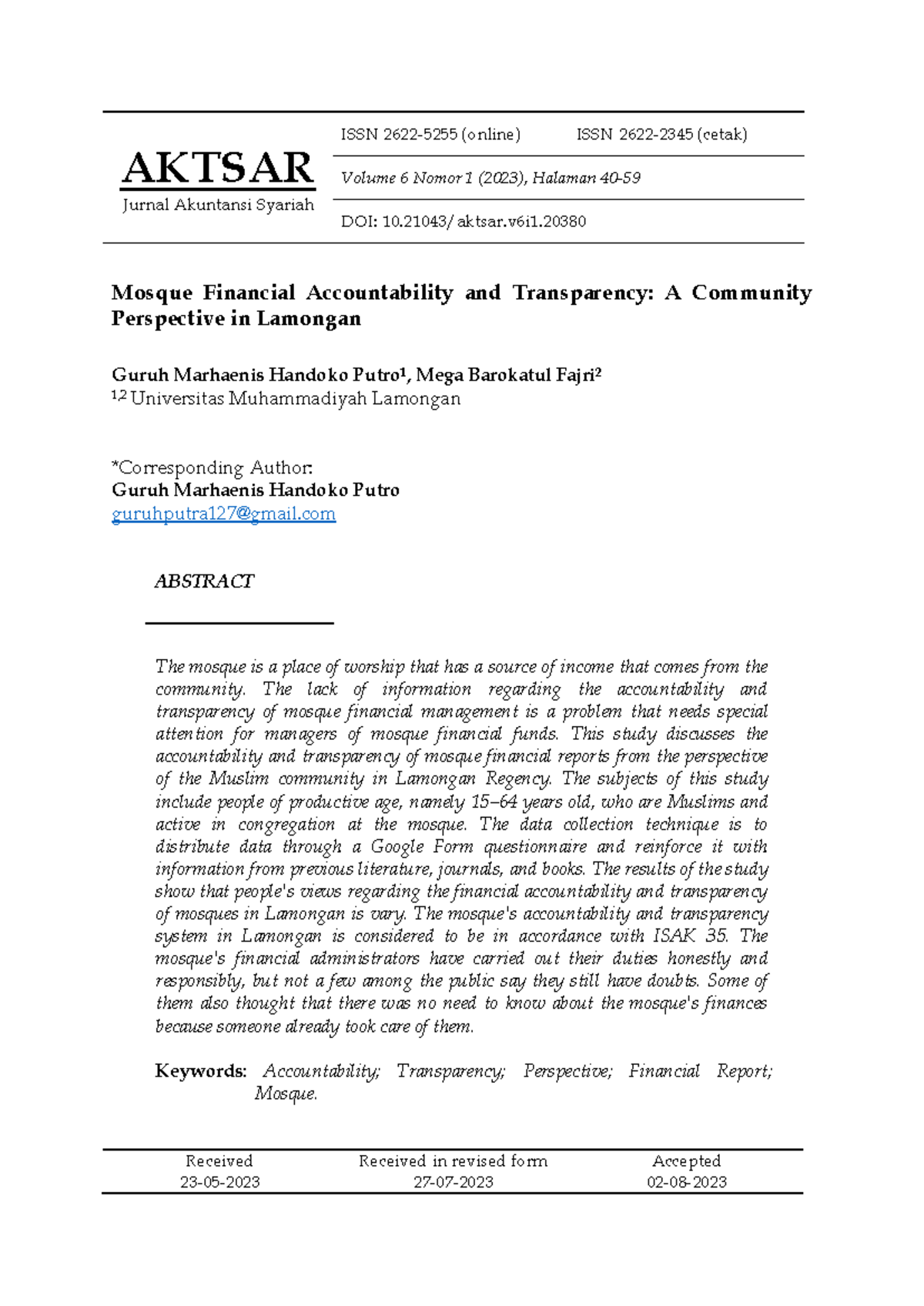 AKTSAR (Vol. 6, No. 1, 2023): Mosque Financial Accountability ...