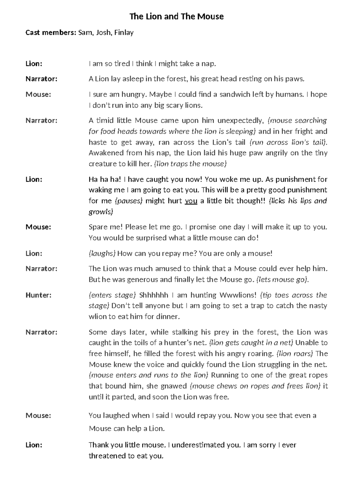 The Lion and The Mouse: A Play Script for Drama Class - Studocu
