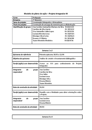 Plano de Ação PI 2(3) univesp - INTEGRADOR PLANO DE AÇÃO Integrantes ...