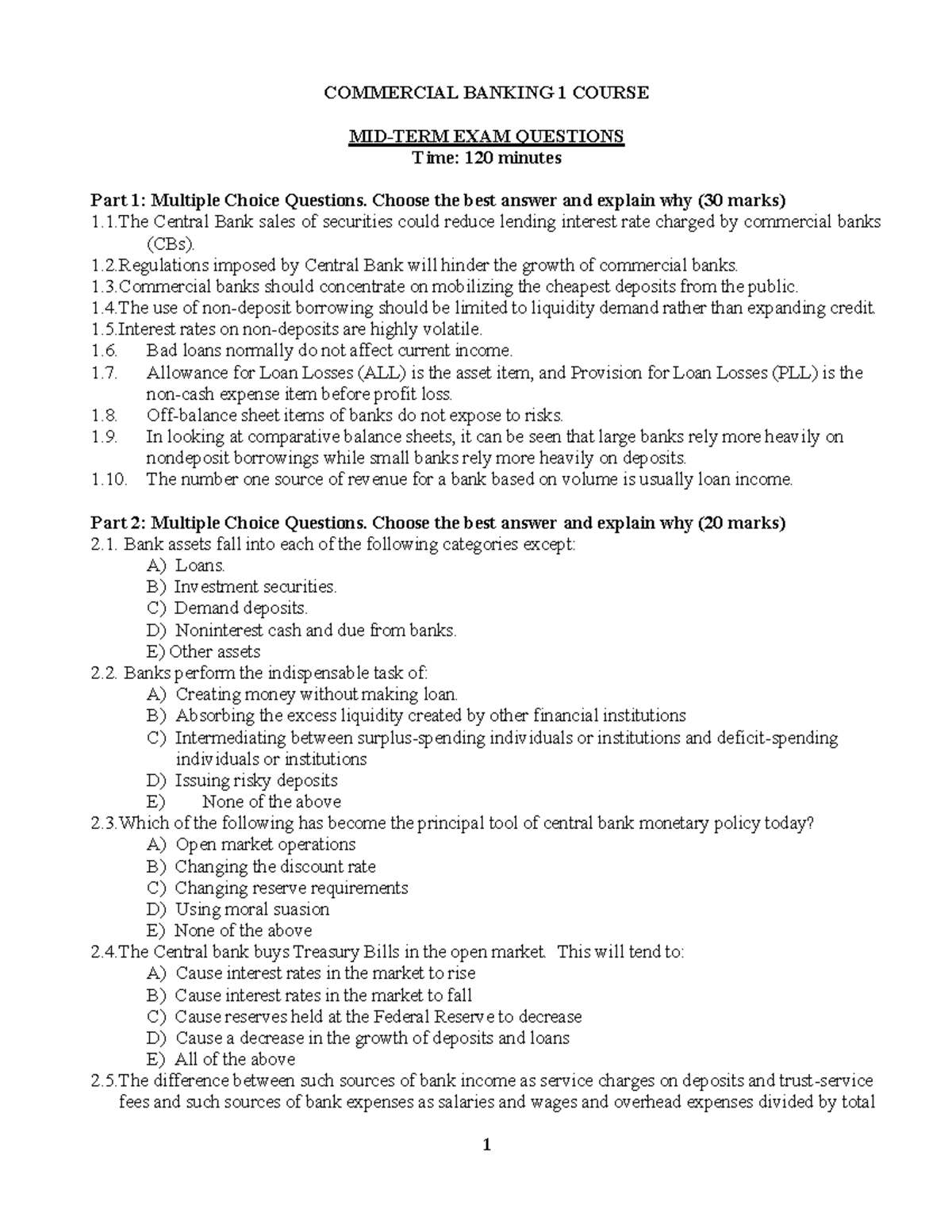 COMMERCIAL BANKING 1 MID-TERM EXAM QUESTIONS (NO ANSWERS) - Studocu