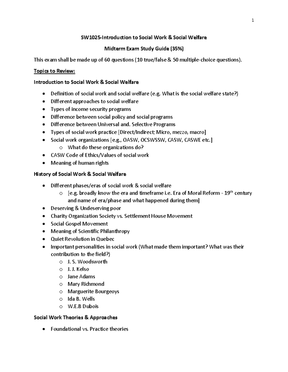 SW1025 Midterm Exam Study Guide: Social Work & Welfare - Studocu