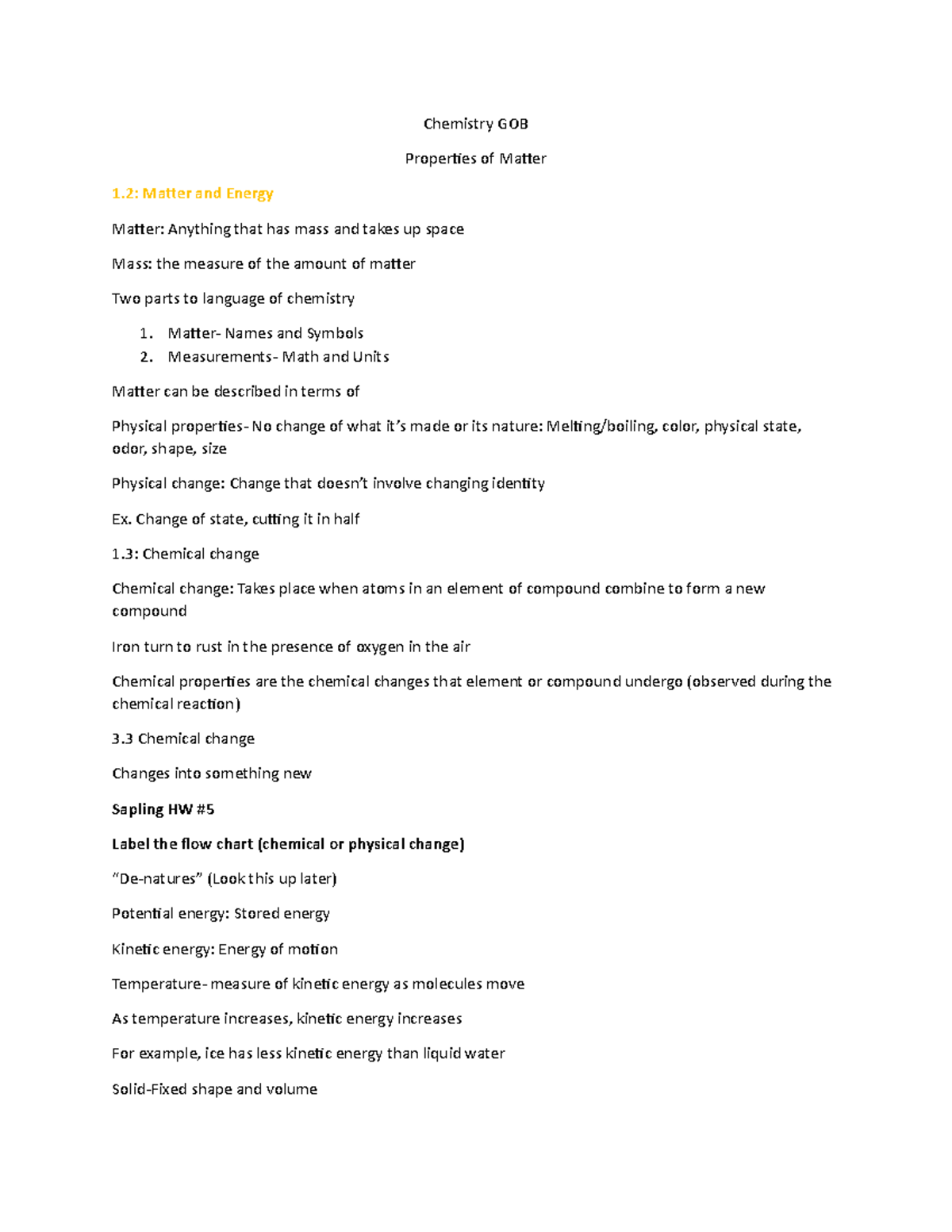 Chemistry GOB - Properties of Matter and Chemical Changes Overview ...