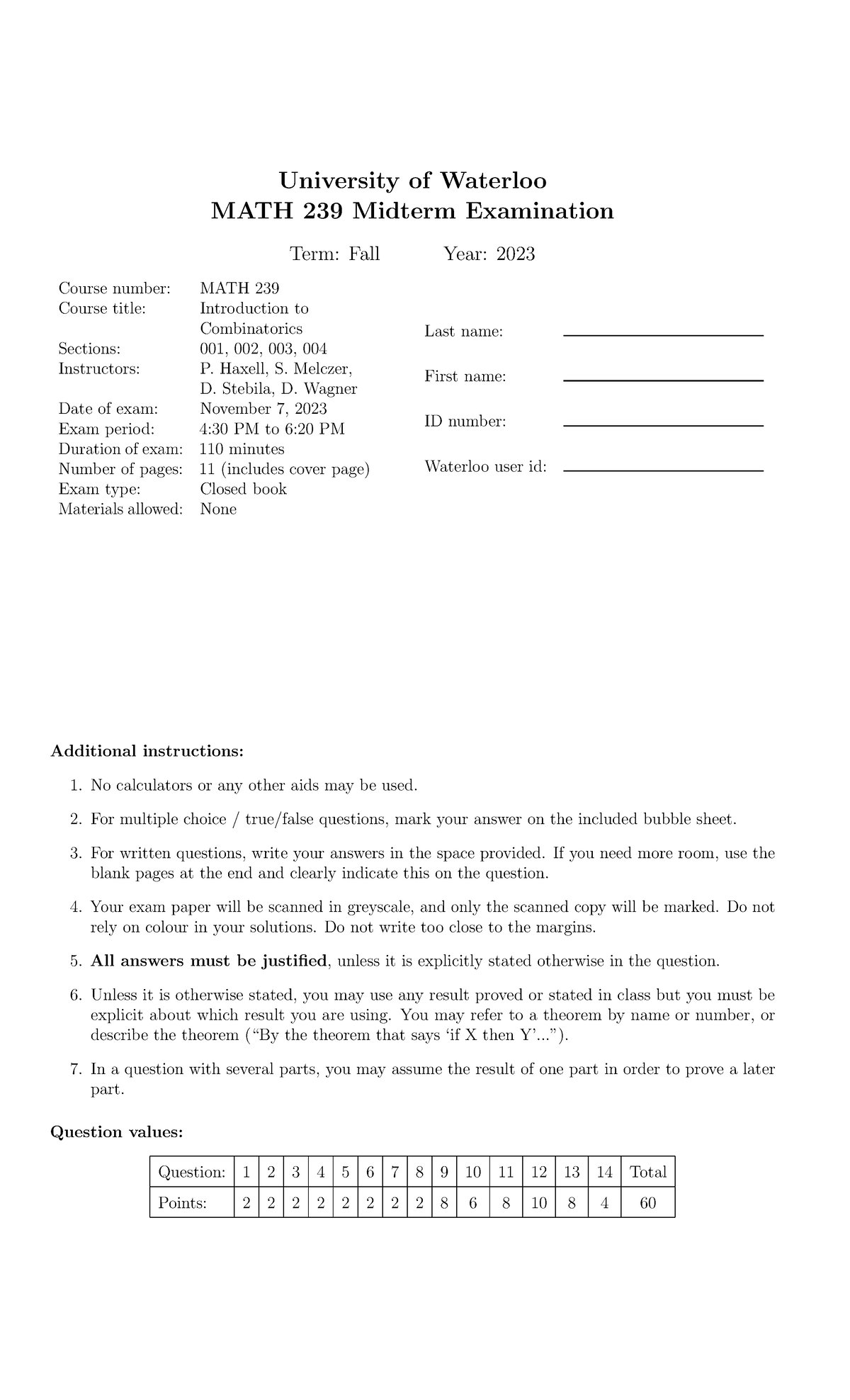 MATH 239 Fall 2023 Midterm Exam - Introduction to Combinatorics - Studocu