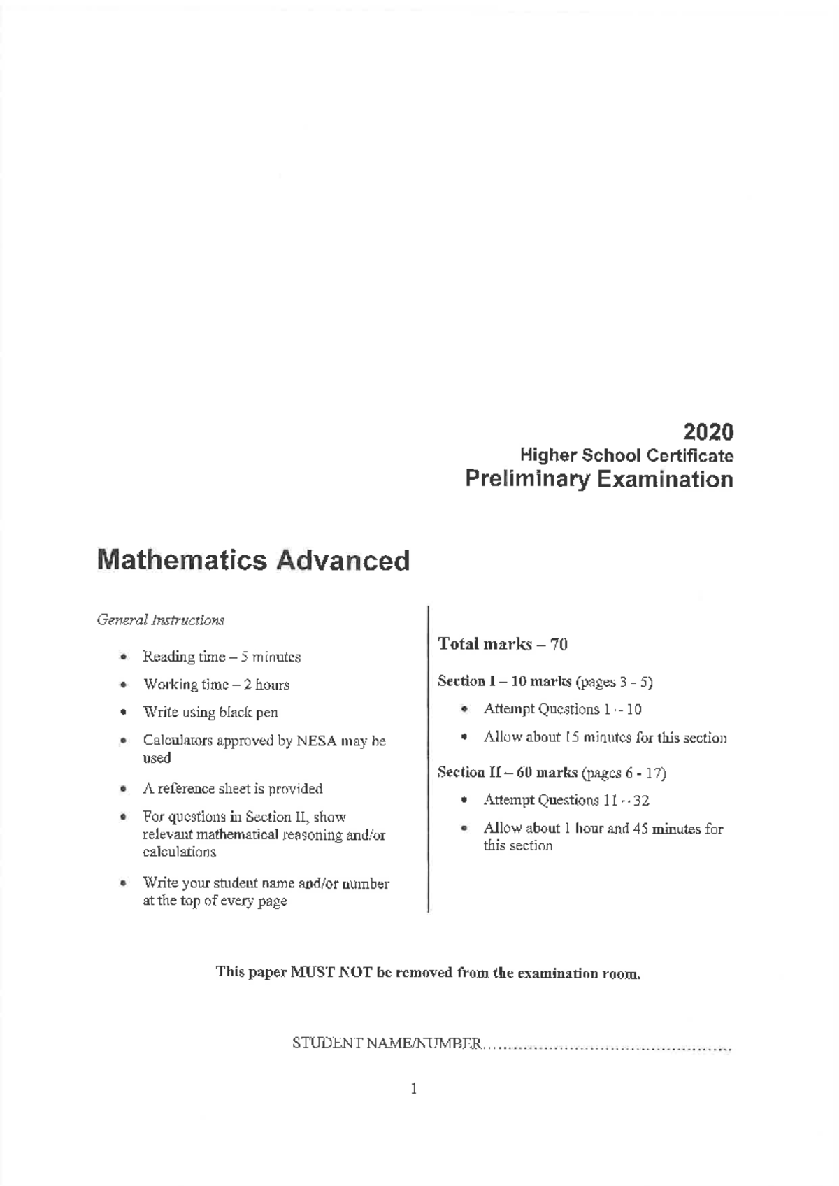 Year 11 Independent Advanced Mathematics Exam 2020 - Full Paper - Studocu