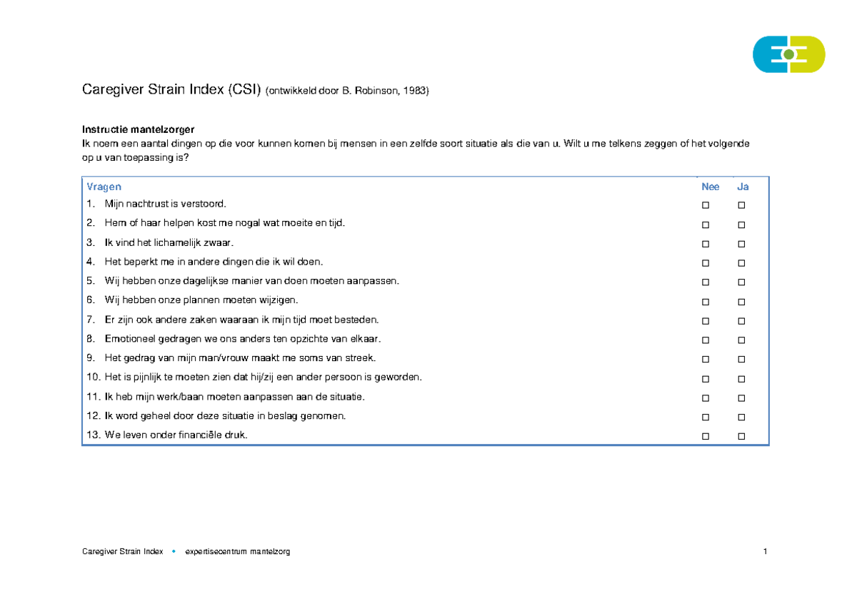 Caregiver Strain Index (CSI) - Instructies en Scorebepaling - Studeersnel