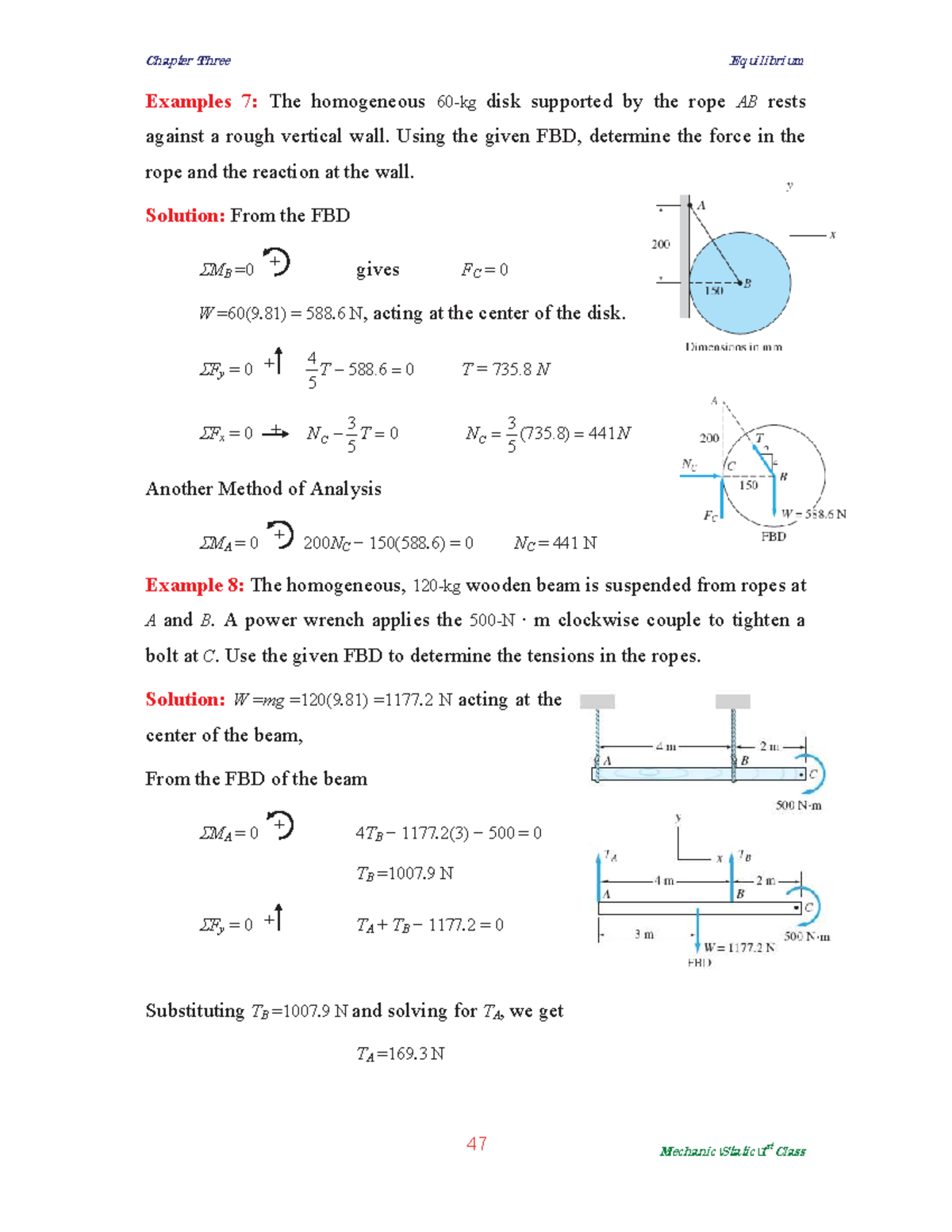 Chapter 3 Equilibrium Examples: Forces in Ropes & Reactions (2061 ...