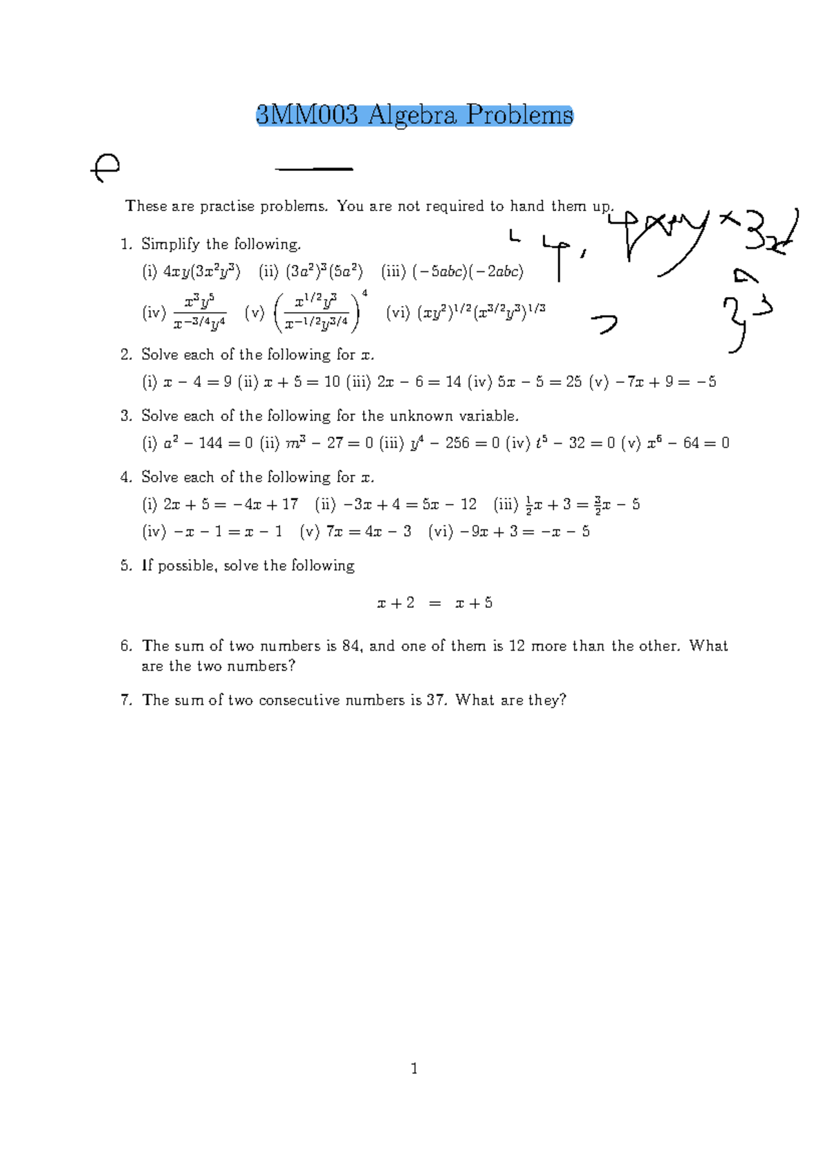 Algebra - algreba maths practise - 3MM003 Algebra Problems These are ...