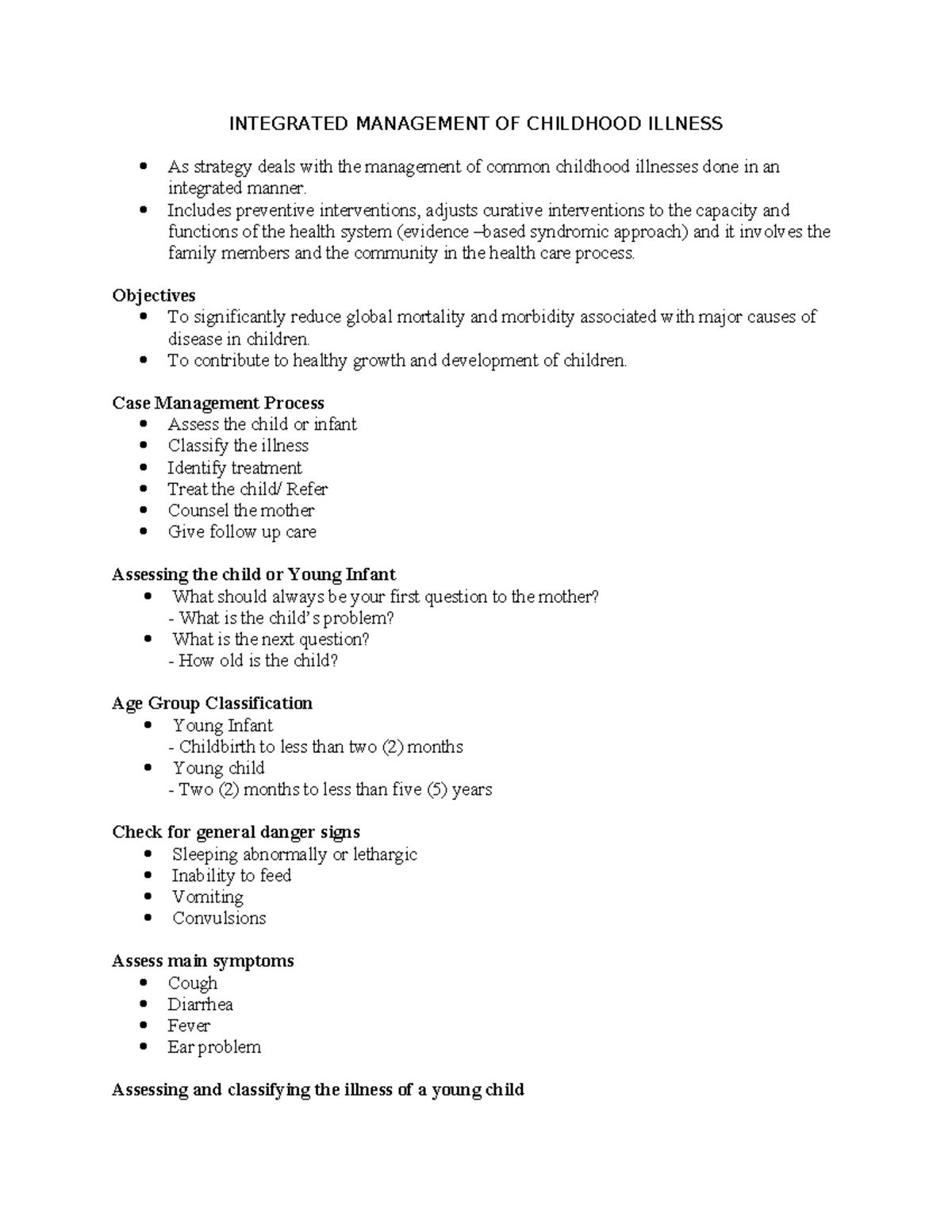 Final Term 1 IMCI - Notes to study. - INTEGRATED MANAGEMENT OF ...