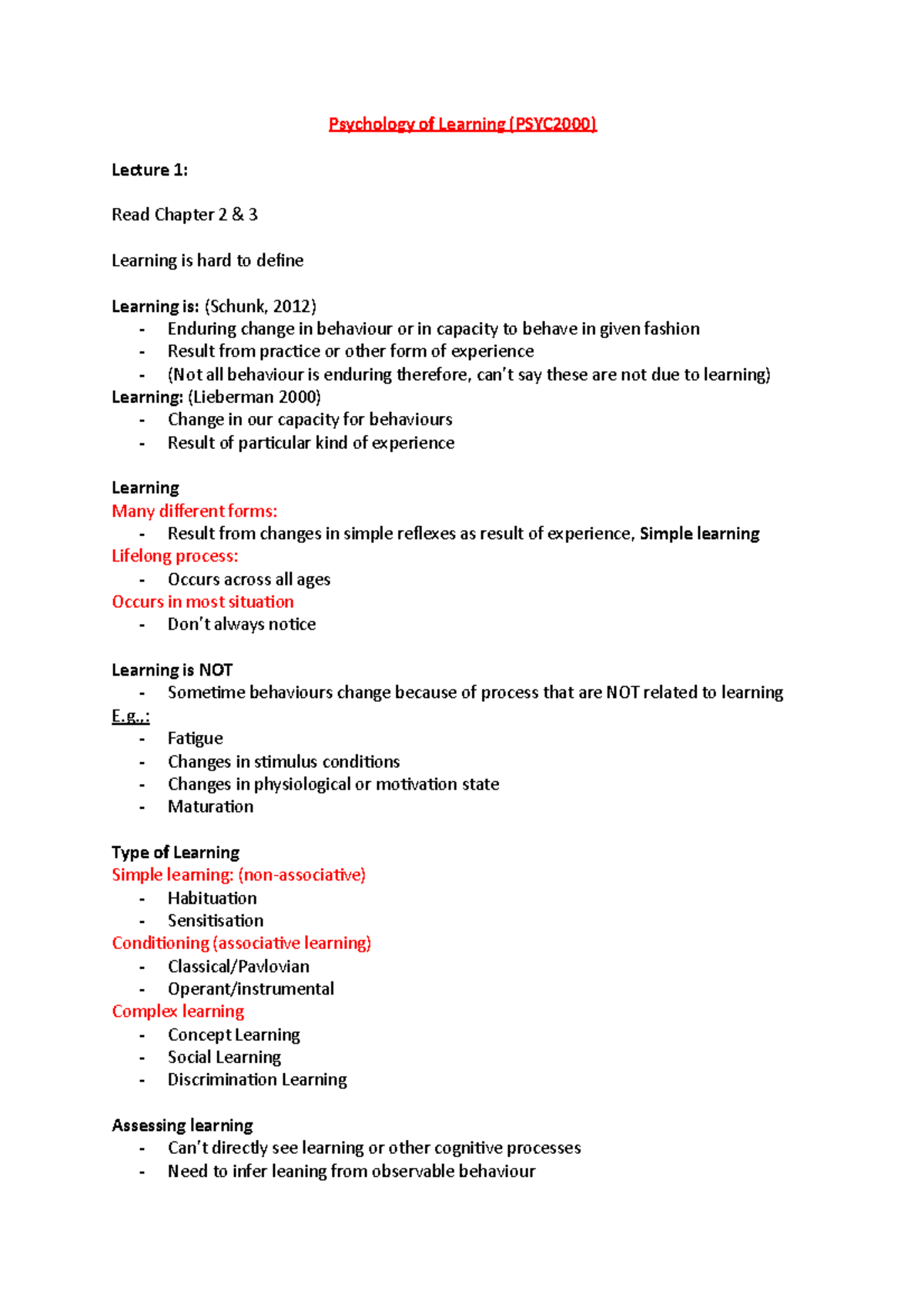 Learning Psychology Psych 2000 - Psychology of Learning (PSYC2000 ...