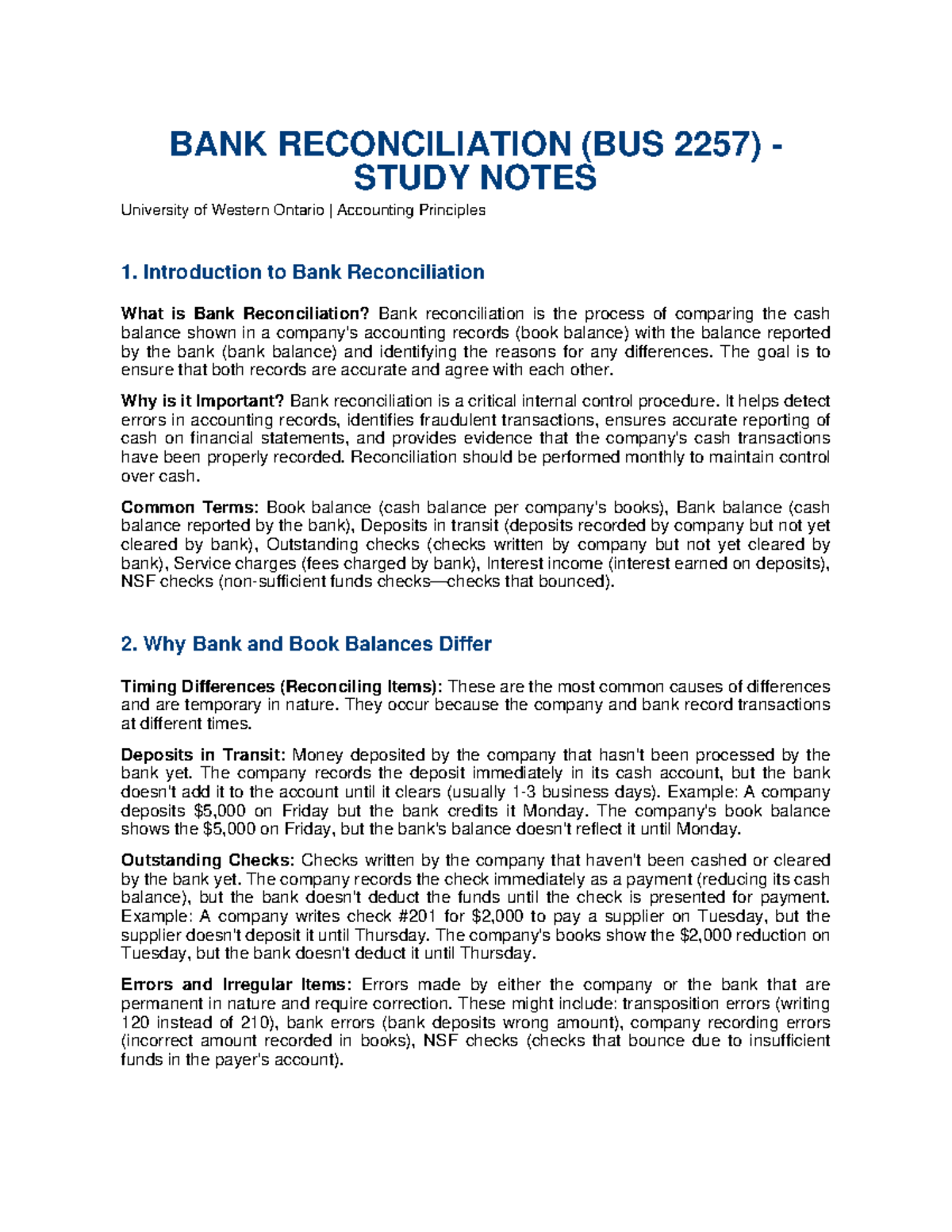 BUS 2257 Bank Reconciliation Study Notes: Key Concepts & Errors - Studocu