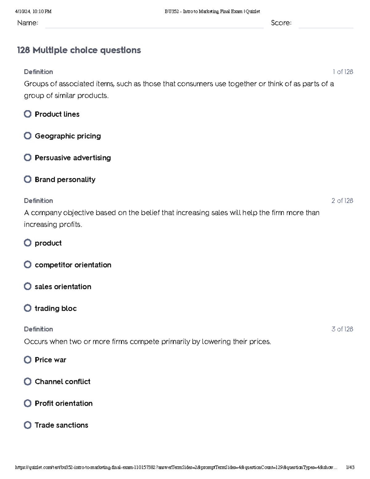 BU352 - Intro to Marketing Final Exam Quizlet Study Guide - Studocu