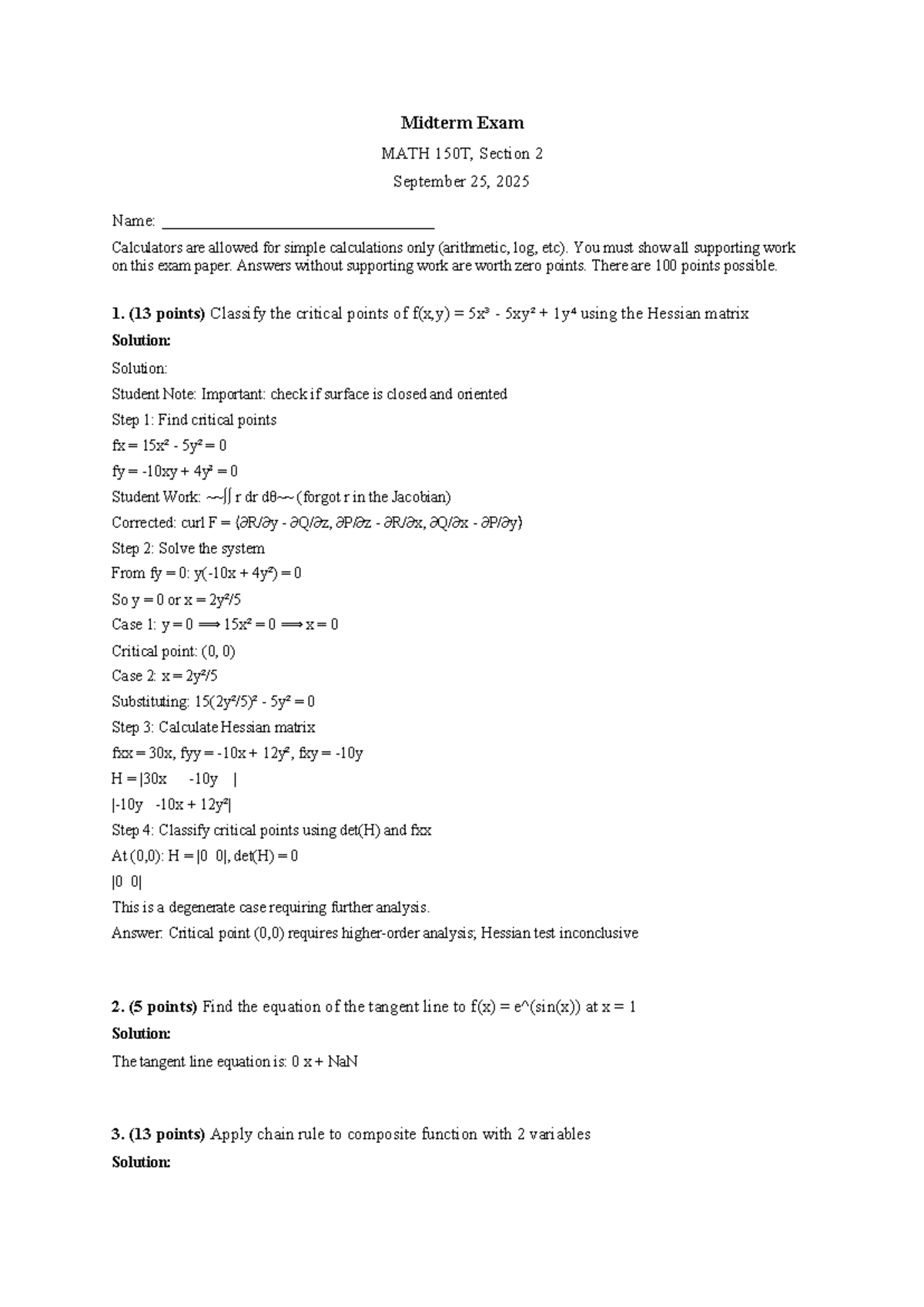 Midterm Exam Solutions for MATH 150T, Section 2 - September 2025 - Studocu