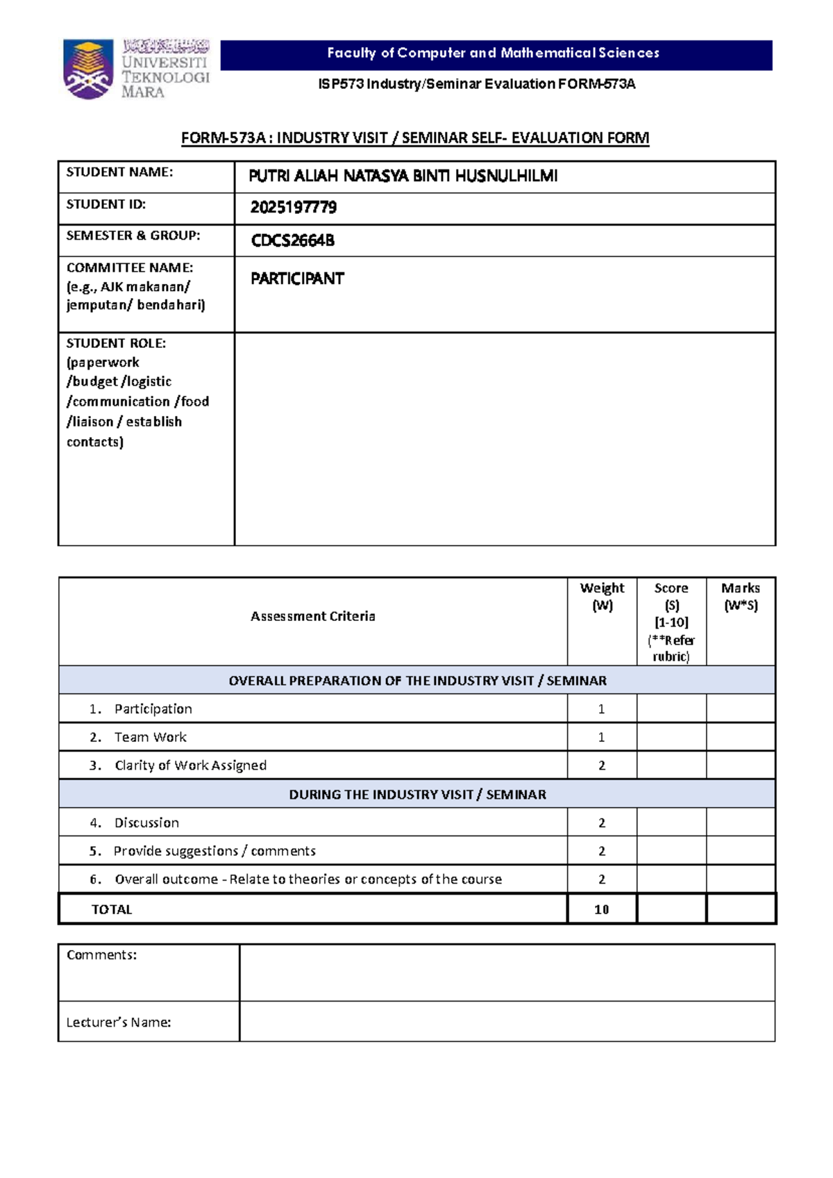 ISP573 - Industry Visit Seminar Evaluation Form 2025 - Studocu