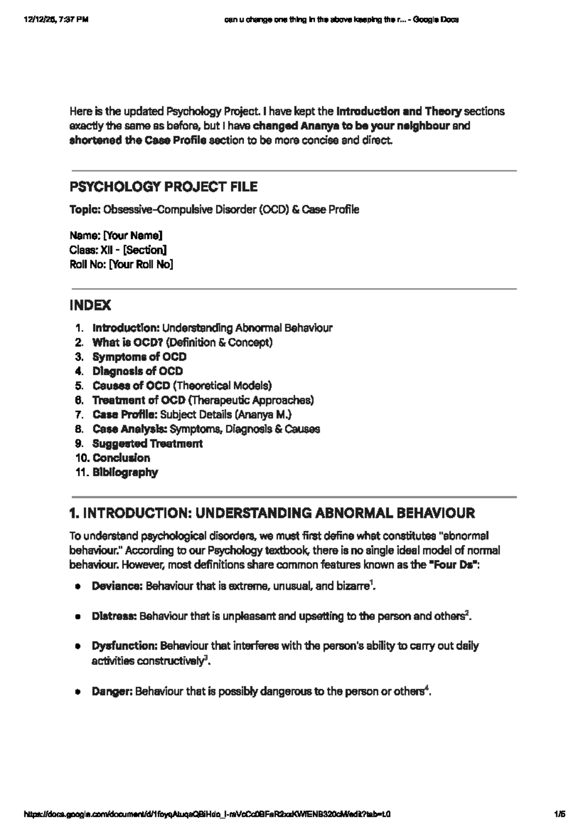 PSYCHOLOGY PROJECT: Understanding OCD in a Class XII Case Study - Studocu