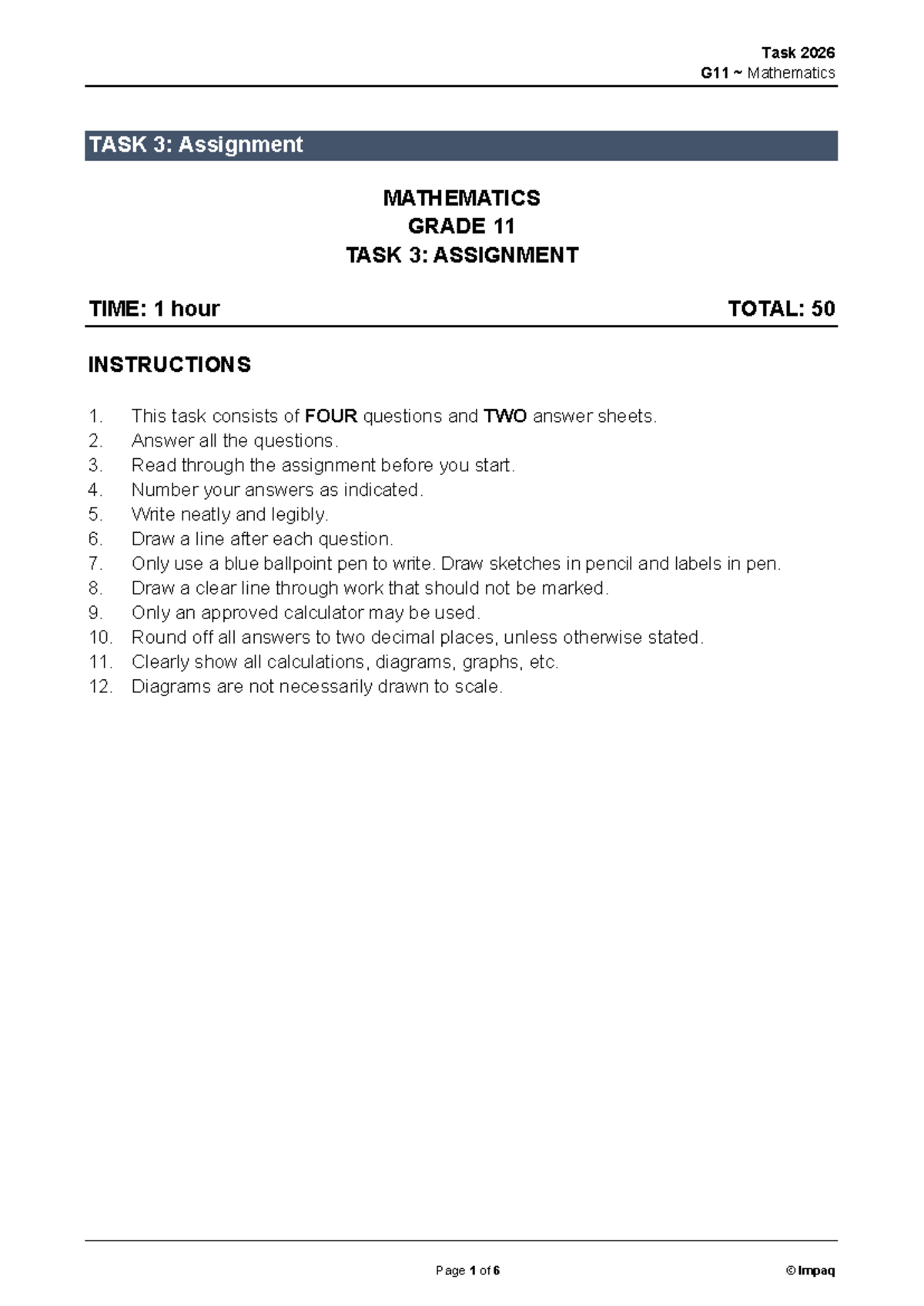 G11 Mathematics Task 3: Assignment Guidelines and Questions - Studocu